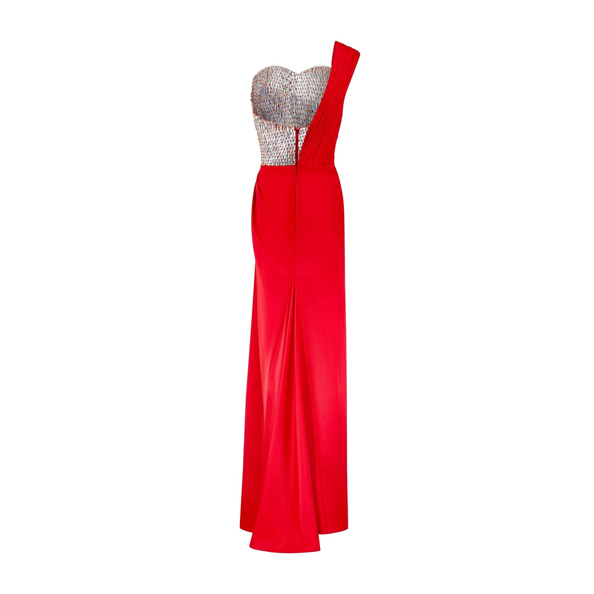 Rosso 2019 Runway Rami Kadi Haute Couture Abito rosso in seta e corpetto di cristallo in vendita