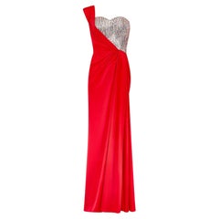 2019 Runway Rami Kadi Haute Couture Red Silk and Crystal Bodice Dress