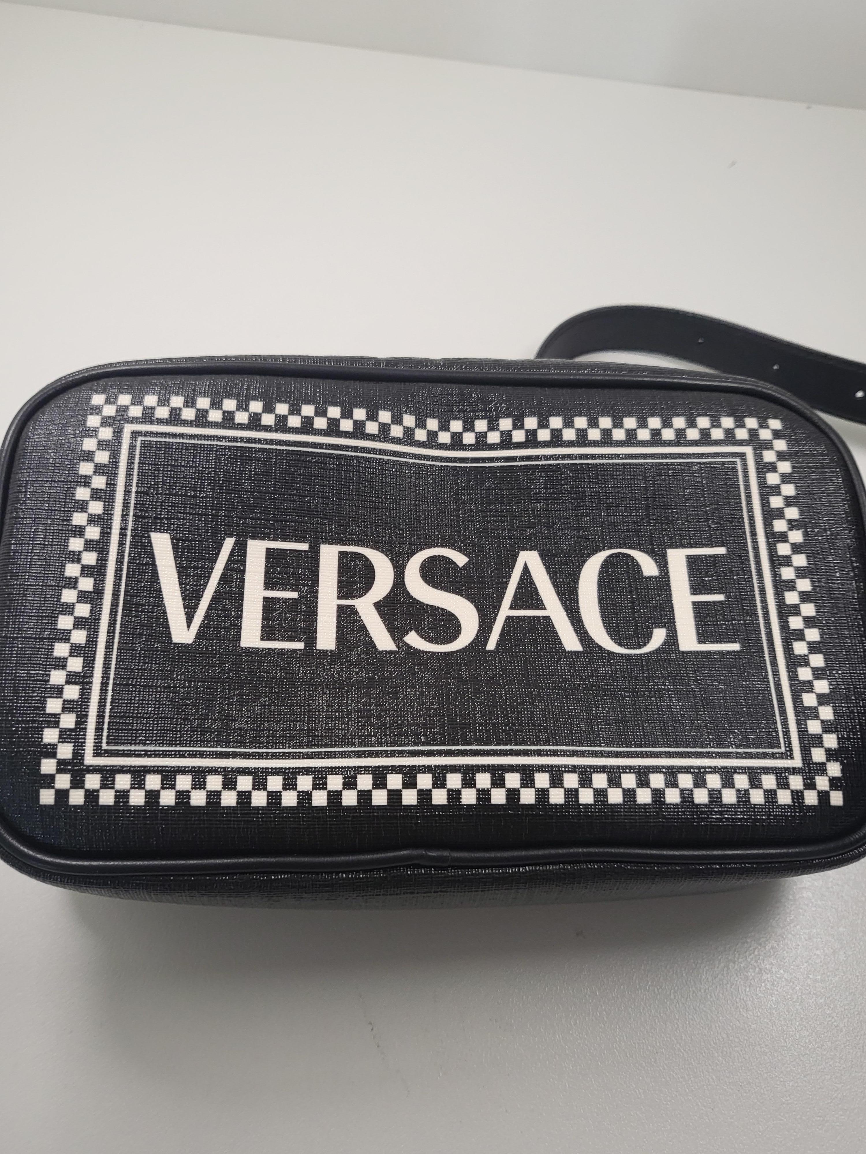 2019 VERSACE Black Leather with White Logo Waistbag Bumbag In Excellent Condition For Sale In PUTNEY, NSW