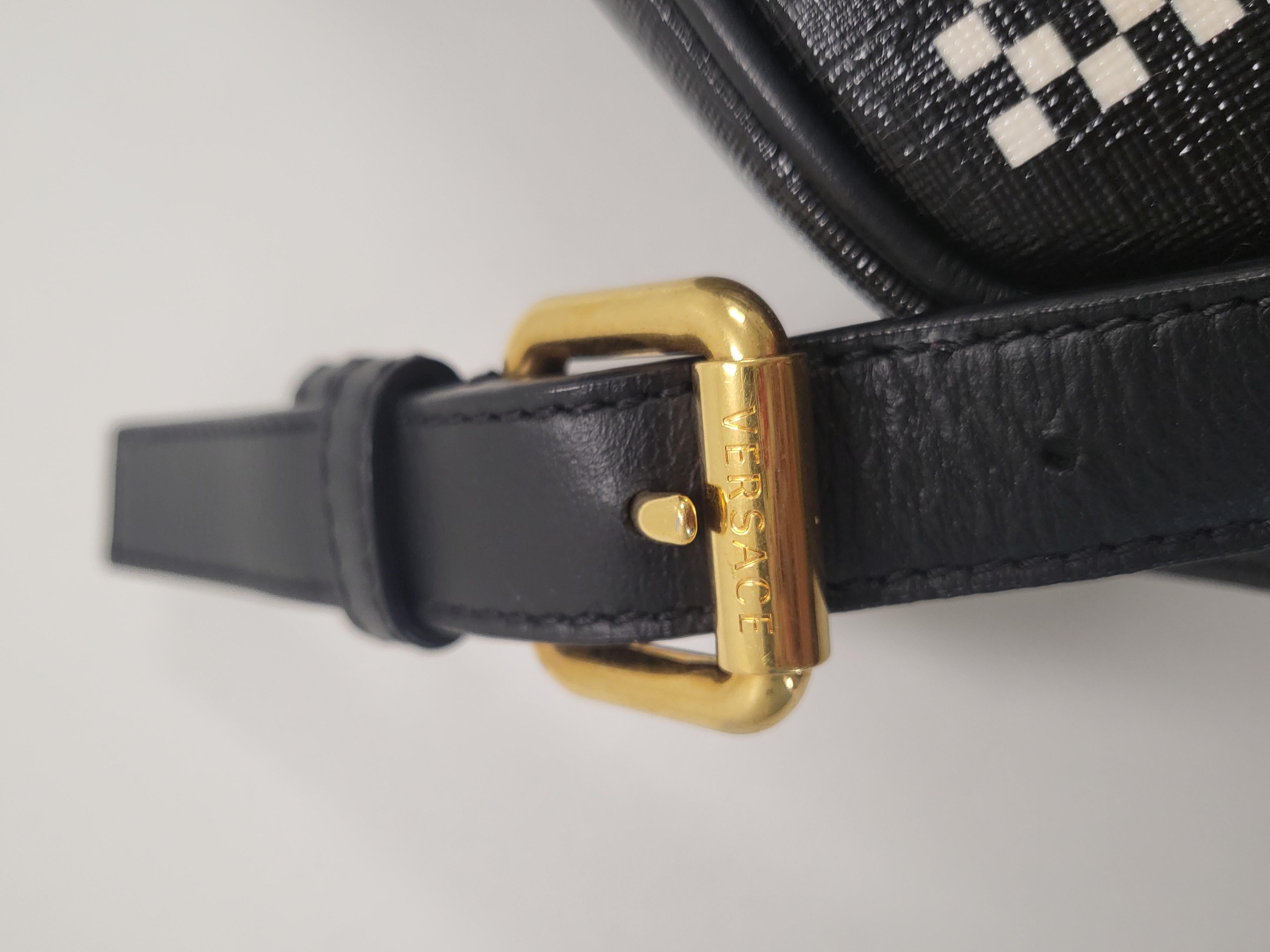 Women's or Men's 2019 VERSACE Black Leather with White Logo Waistbag Bumbag For Sale