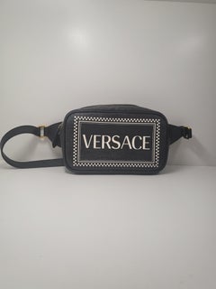 2019 VERSACE Black Leather with White Logo Waistbag Bumbag