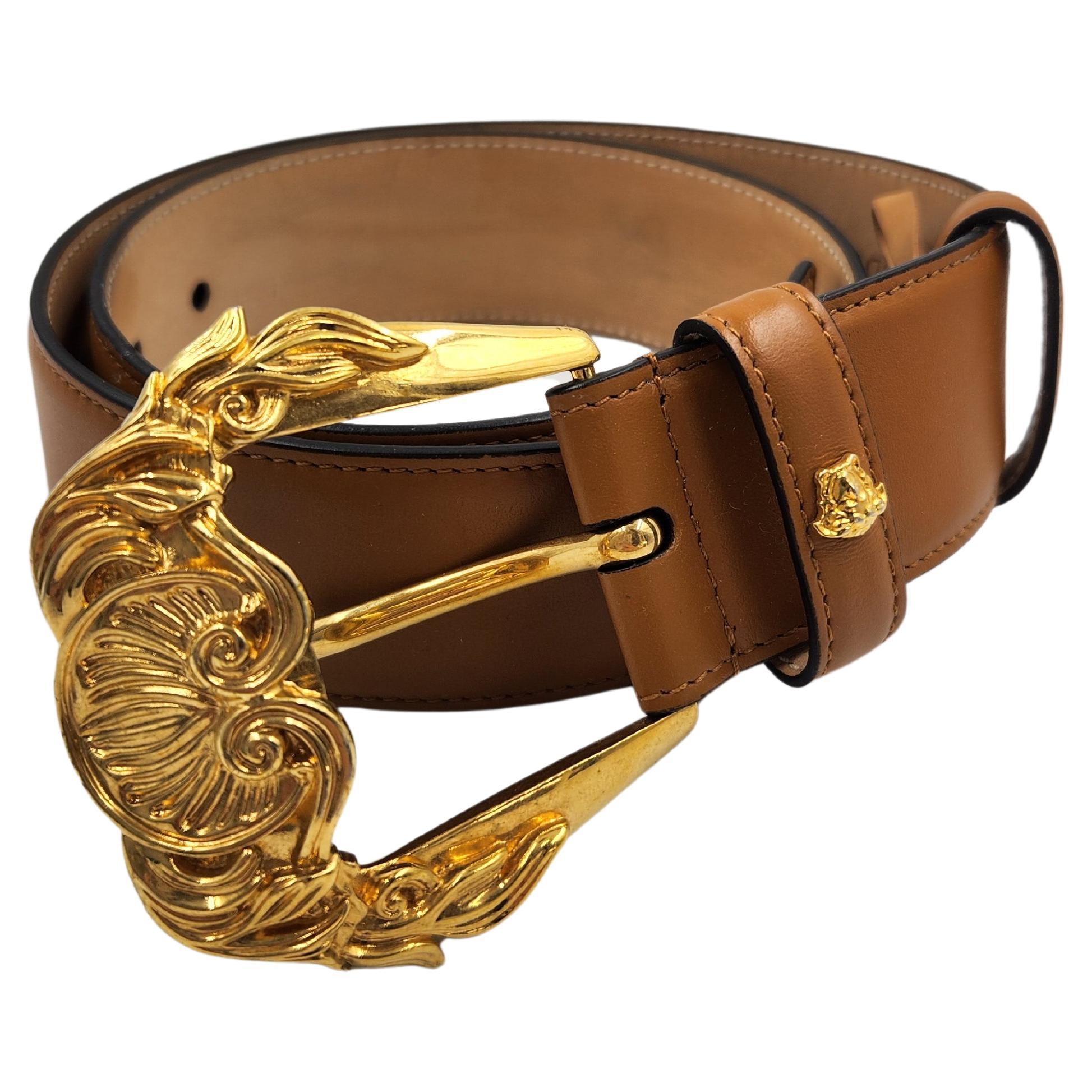2019's VERSACE Medusa Gold Baroque Women's Brown Leather Belt 75 For Sale