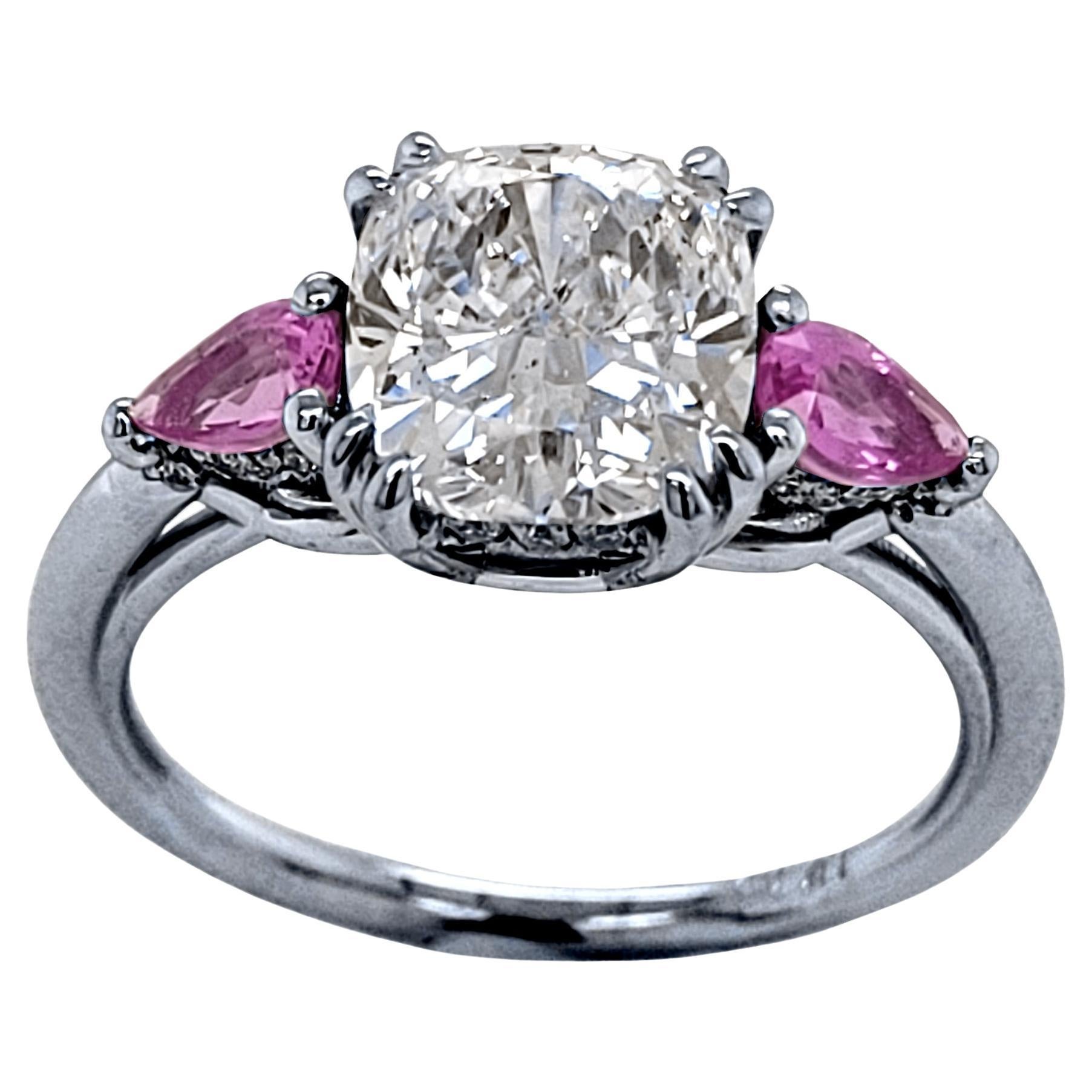 2.01ct D/SI1 GIA Cushion Diamond 3 Stone Platinum Engagement Ring W. Hidden Halo