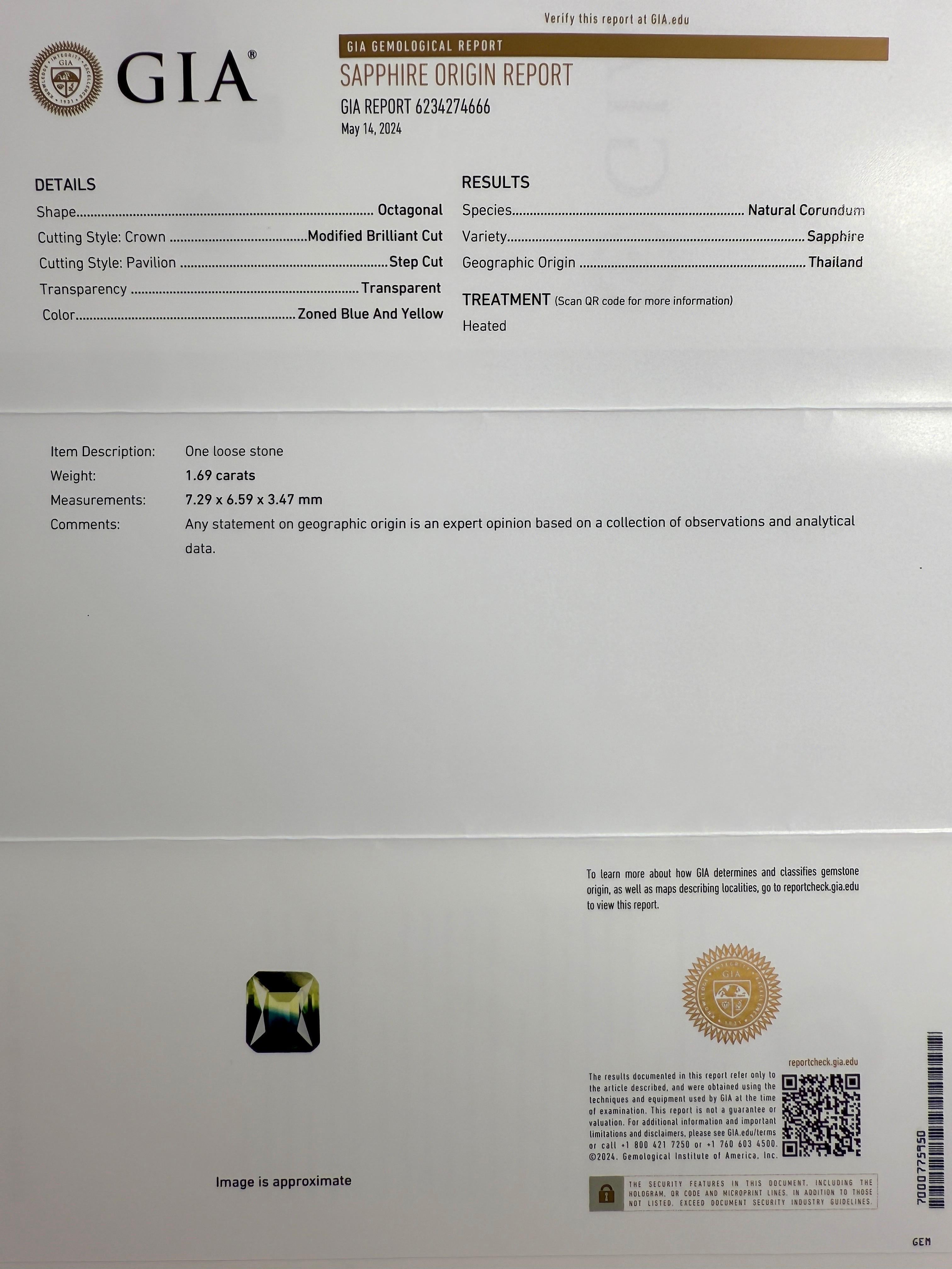 Einzigartige GIA zertifiziert Bi Farbe Thailand Saphir und natürlichen Diamanten 18k Gelbgold Halo Ring. 
2,01 Karat insgesamt.

Seltener GIA-zertifizierter 1,69-Karat-Saphir mit einem atemberaubenden blauen und gelben Zweifarbeffekt. Sehr selten