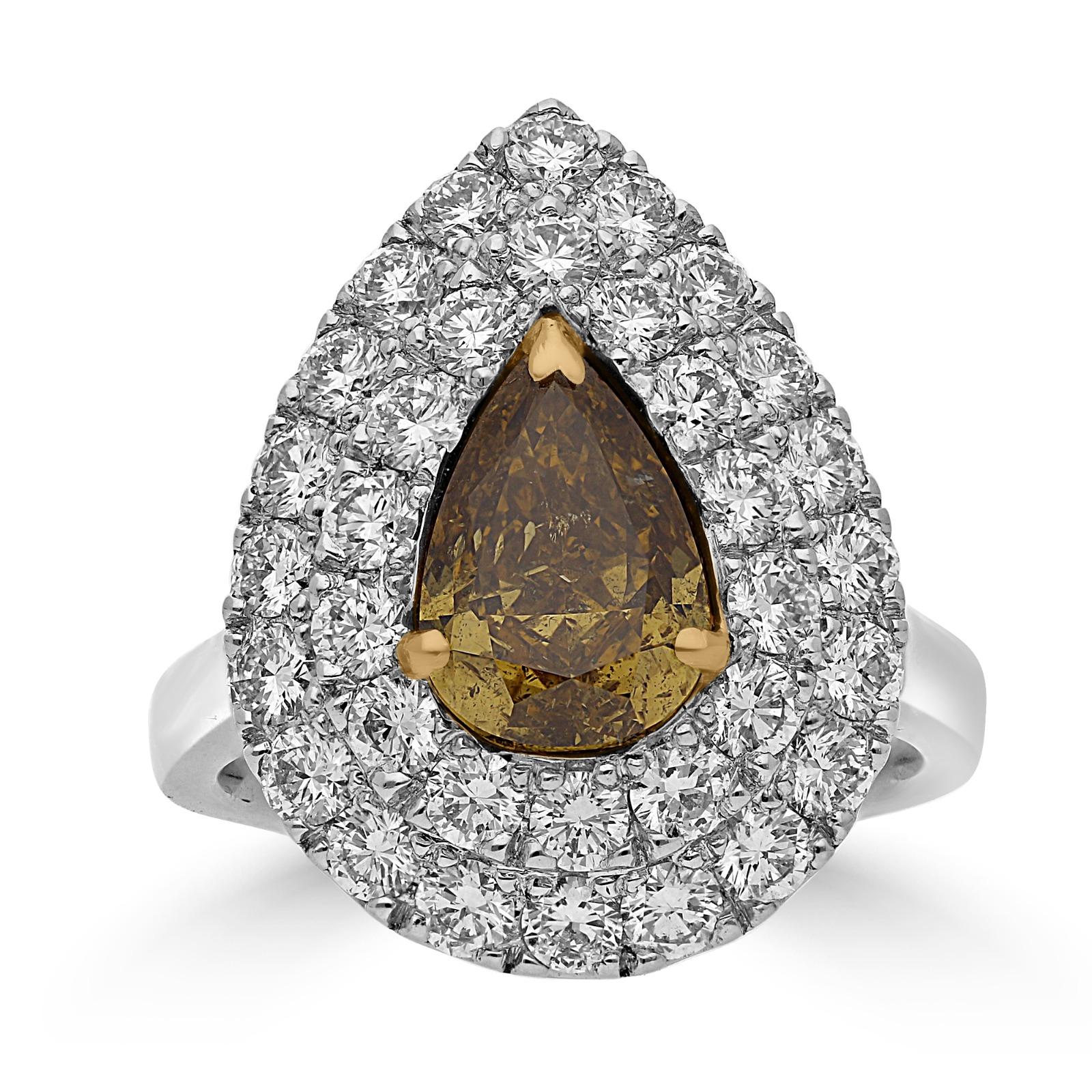 Only 1 in 10,000 diamonds has a fancy colour. This stunning platinum ring has a pear-shaped GIA certified fancy deep brownish orangey yellow diamond of 2.01ct and 1.88ct of round cut diamonds.