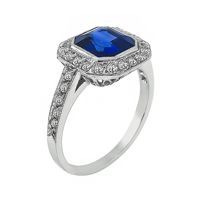 Emerald Cut 2.01 Carat Sapphire 0.60 Carat Diamond Engagement Ring For Sale