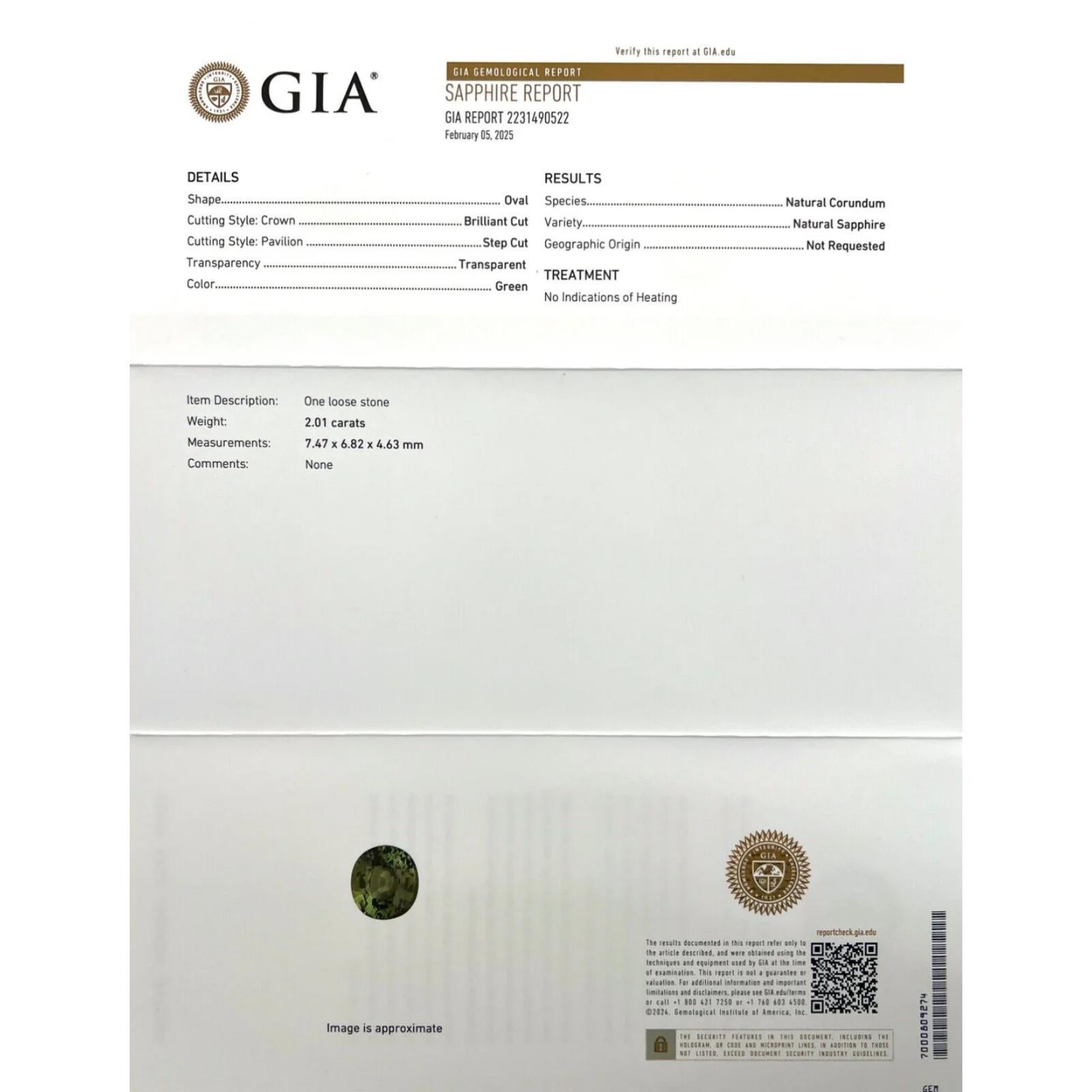 Zafiro de 2,01 ct Certificado GIA Verde Natural Talla Ovalada Sin Tratar 7,4x6,8mm

Gema de zafiro verde natural sin tratar certificada por el GIA.
Zafiro de 2,01 quilates de color verde intenso. Totalmente certificada por el GIA, que confirma que