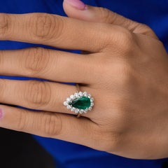 2.01cts Teardrop Emerald Halo Diamond Engagement Ring in 18k White Gold