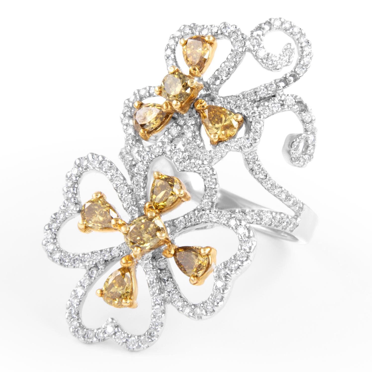 Modern 2.01ctt Fancy Yellowish Brown Diamond Floral Ring 18k For Sale