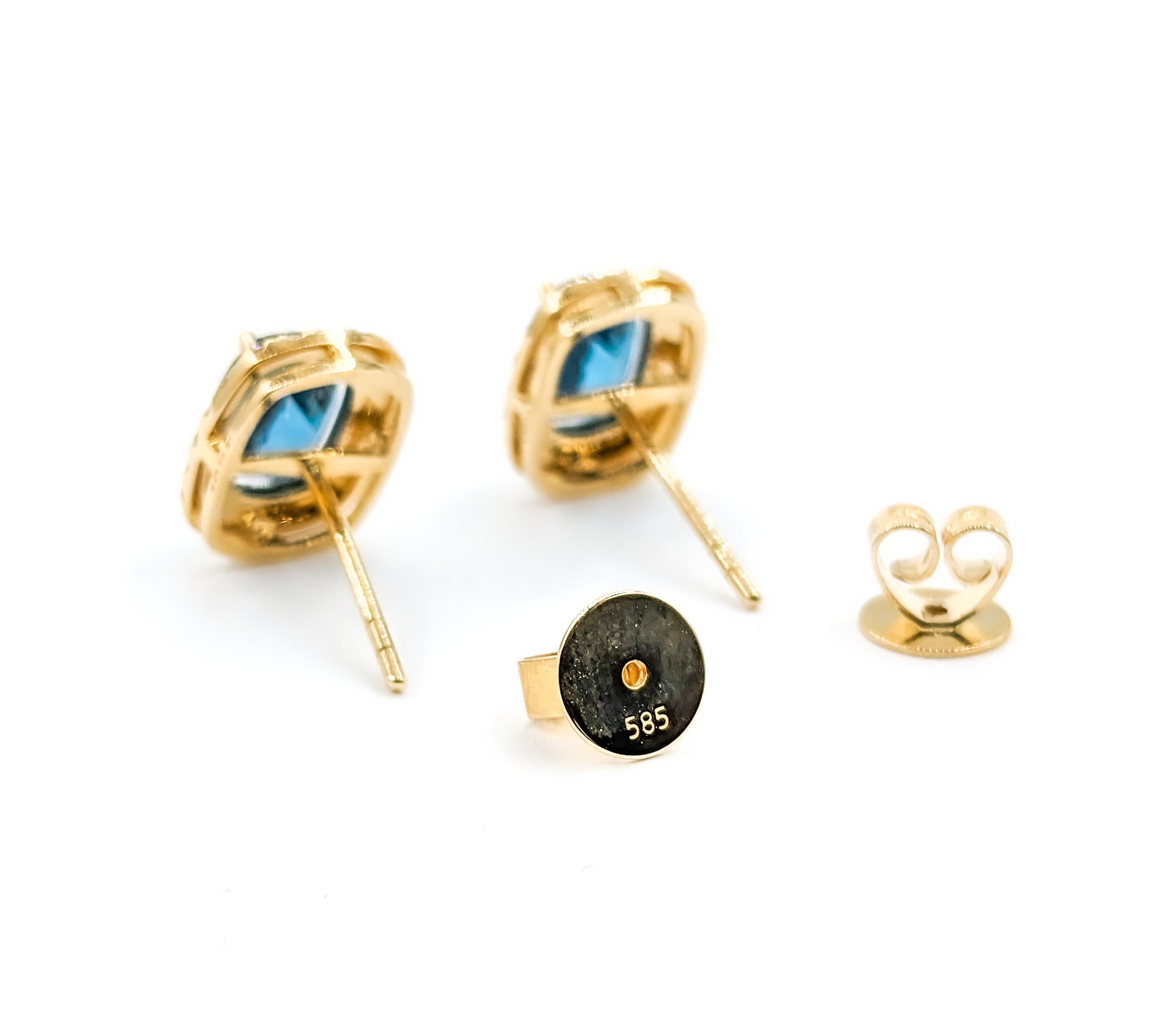 Contemporary 2.01ctw Aquamarine & Diamond Halo Earrings In Yellow gold For Sale