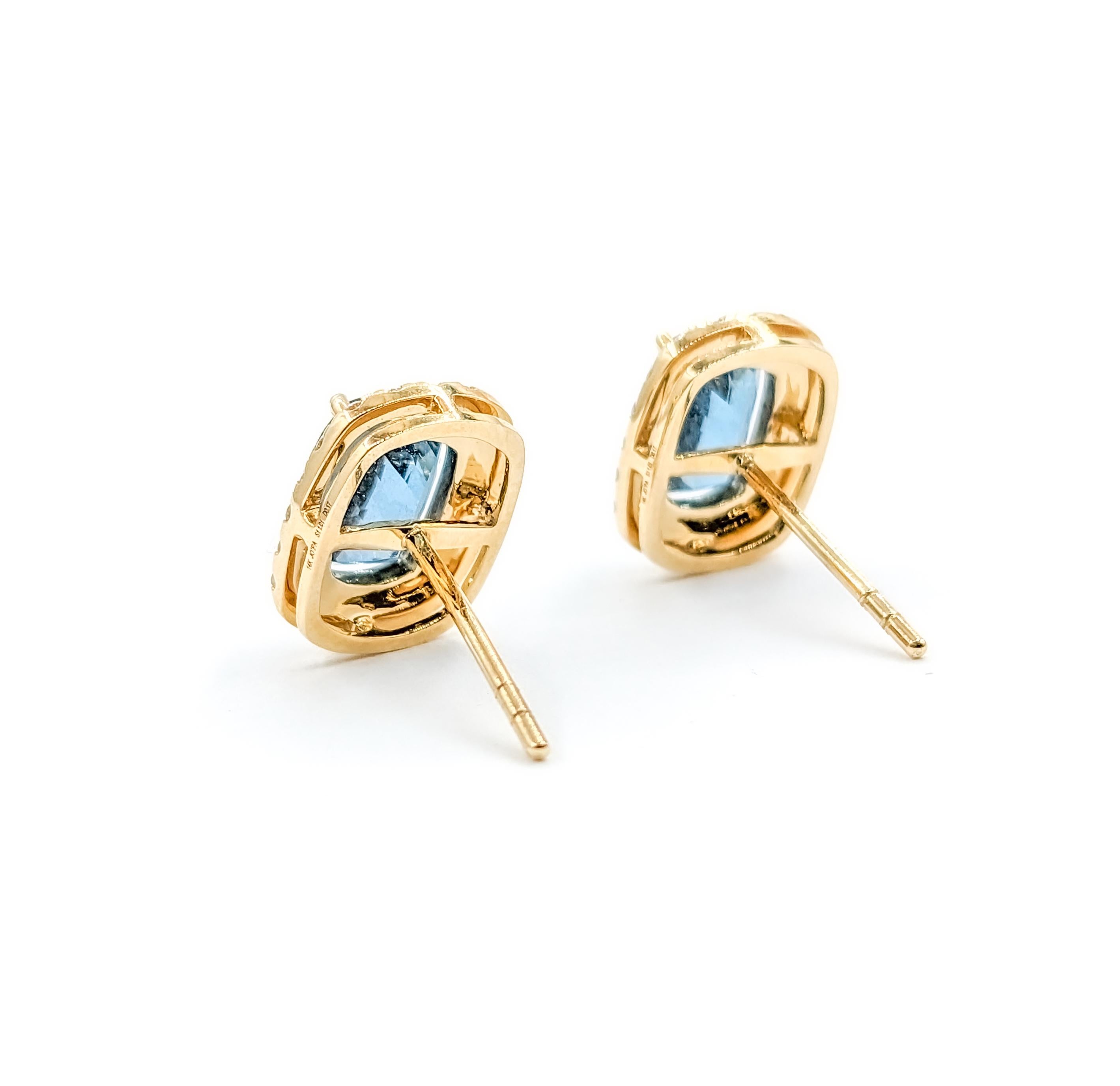 Cushion Cut 2.01ctw Aquamarine & Diamond Halo Earrings In Yellow gold For Sale