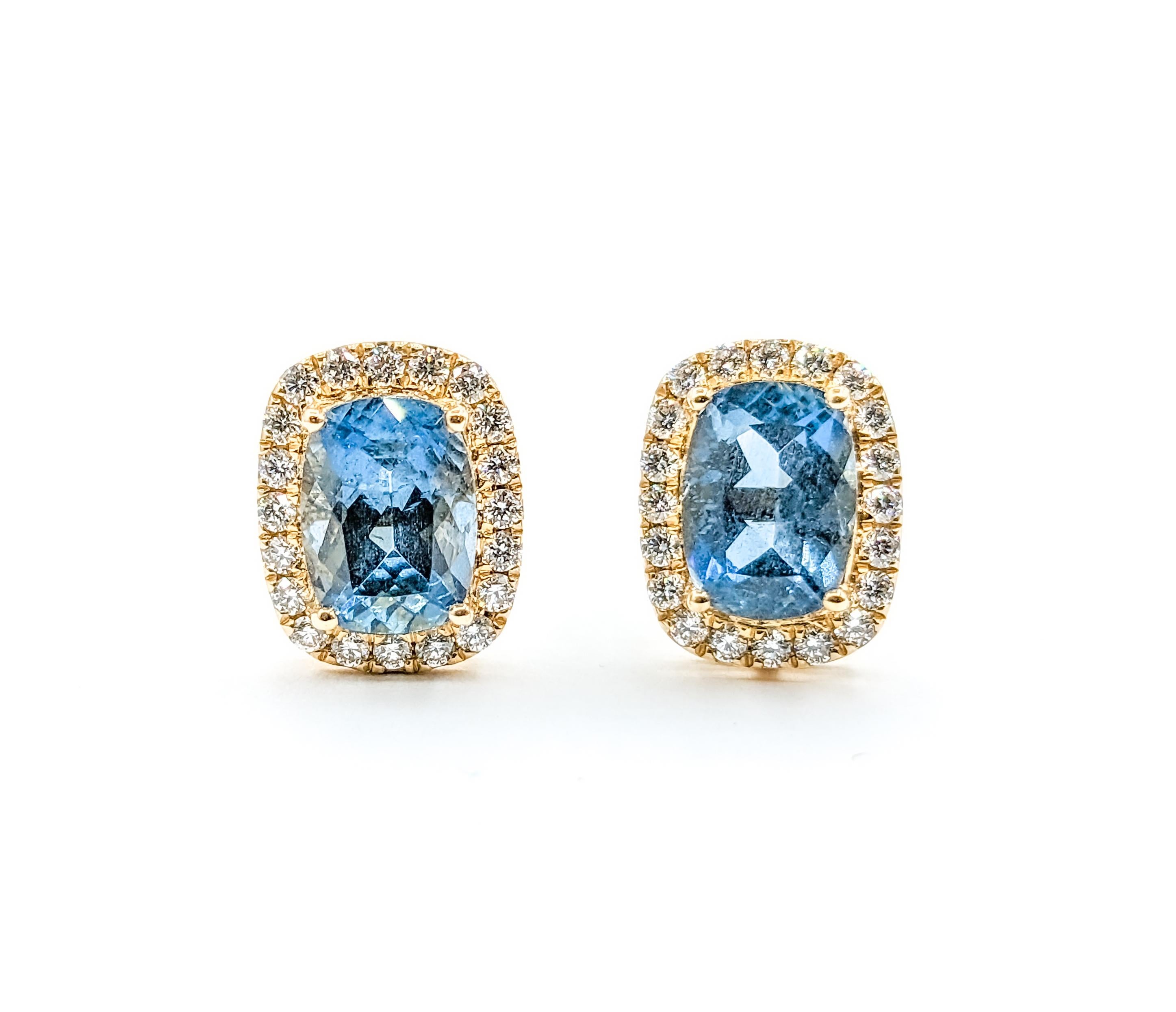 2.01ctw Aquamarine & Diamond Halo Earrings In Yellow gold For Sale 2