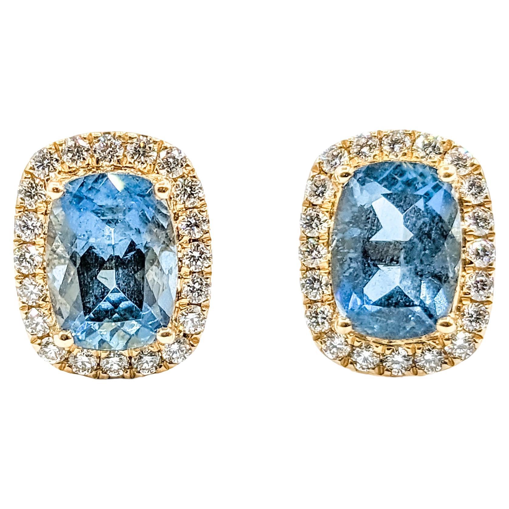 2.01ctw Aquamarine & Diamond Halo Earrings In Yellow gold For Sale