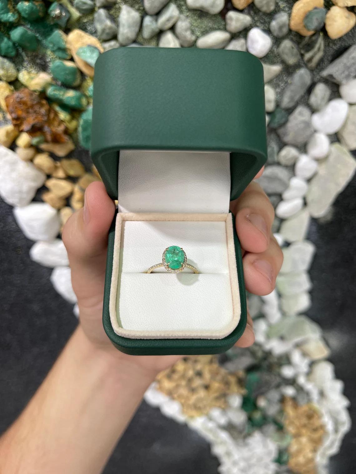 2.01tcw 14k Colombian Emerald-Oval Cut & Diamond Halo Engagement Gold Ring For Sale 2