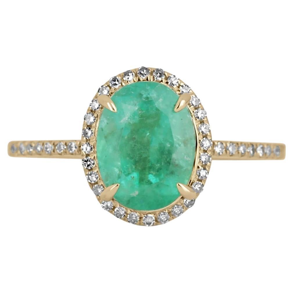 2.01tcw 14k Colombian Emerald-Oval Cut & Diamond Halo Engagement Gold Ring For Sale