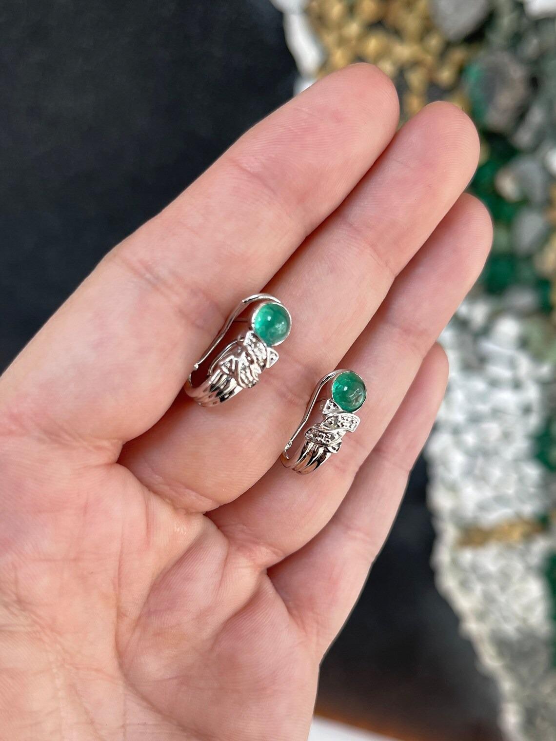 Women's 2.01tcw 14K Round Emerald Cabochon Cut & Diamond Accent Omega Vintage Earrings For Sale