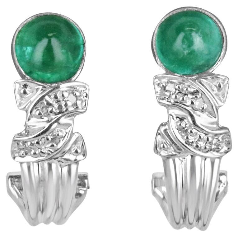 2.01tcw 14K Round Emerald Cabochon Cut & Diamond Accent Omega Vintage Earrings For Sale