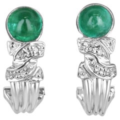 2.01tcw 14K Round Emerald Cabochon Cut & Diamond Accent Omega Vintage Earrings