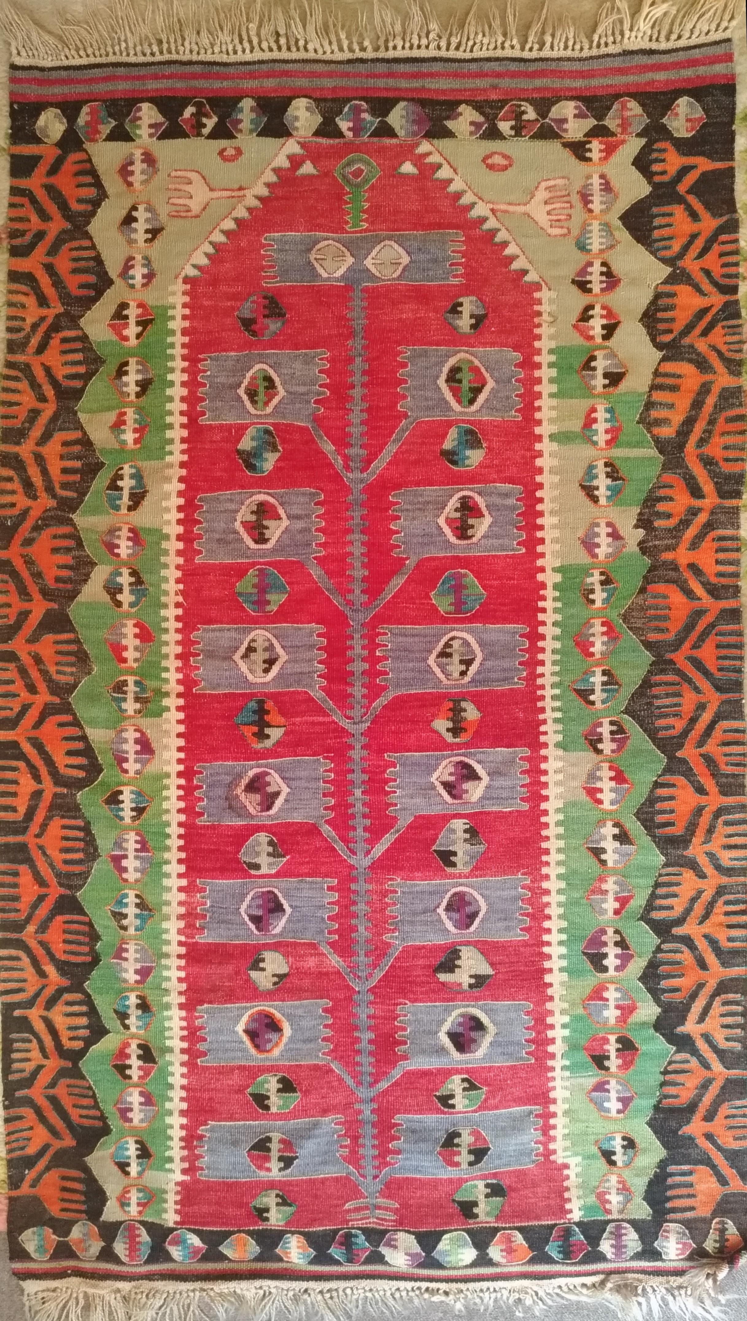 202 - Beautiful vintage Turkish flat kilim with cute geometric Caucasian design and beautiful colors with green and light brown, fully handwoven with wool on cotton foundation.
 