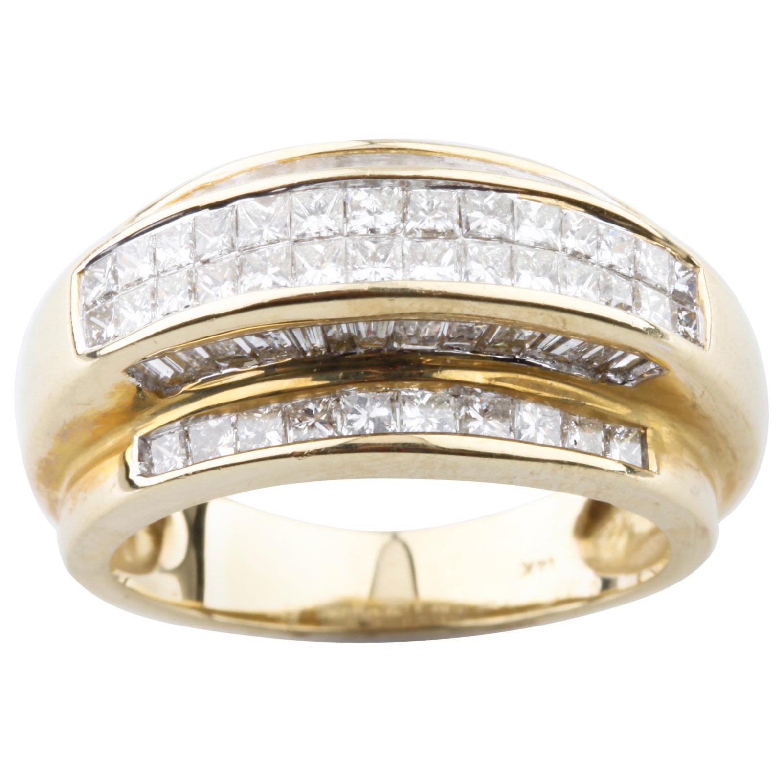 2.02 Carat 14 K Gold Step Band with Princess Cut and Baguettes All Invisible Set For Sale