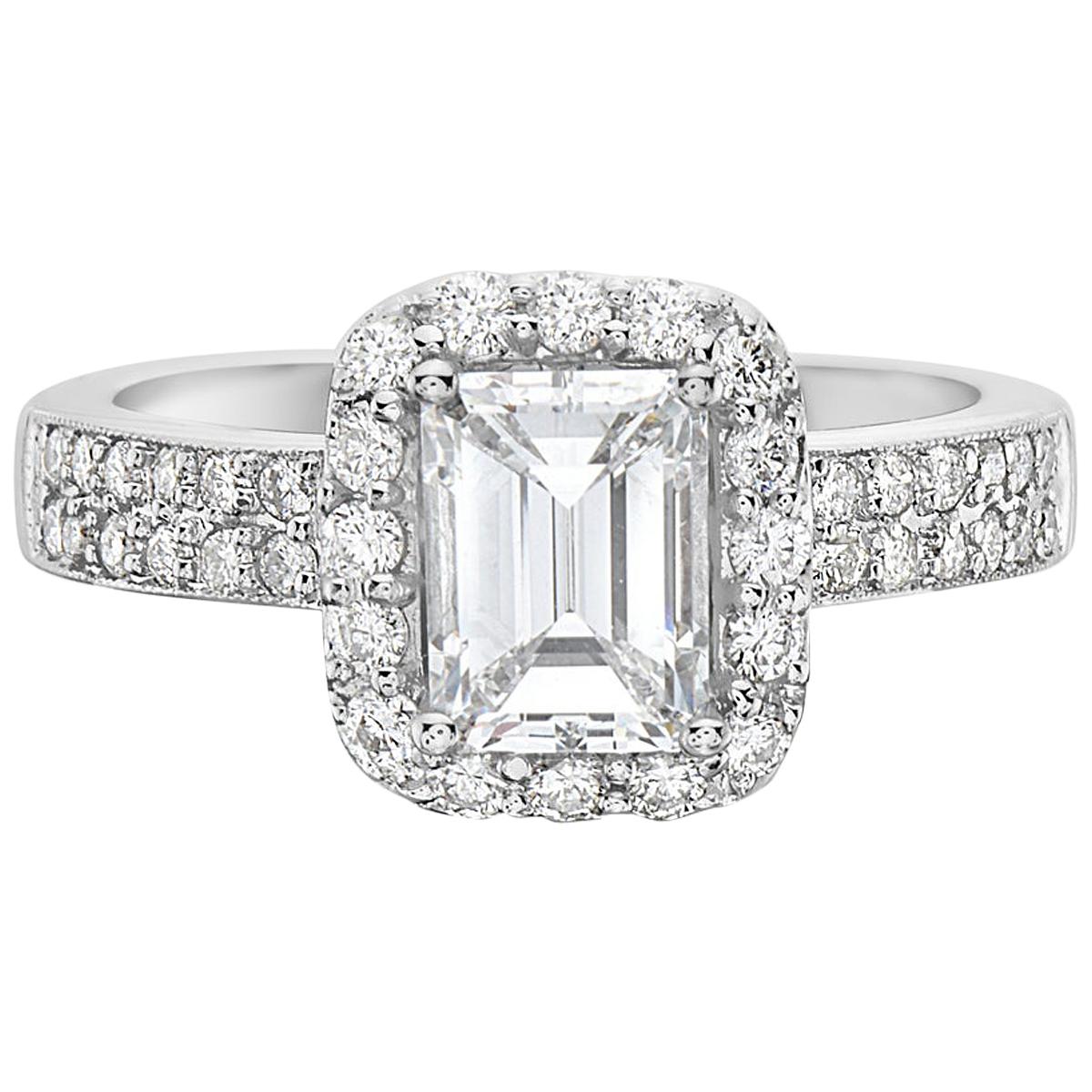 2.02 Carat 18 Karat White Gold Emerald Cut Halo Set Engagement Ring For Sale