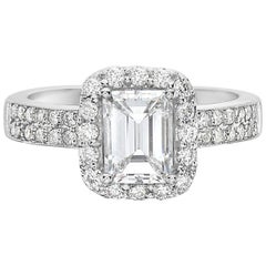 Used 2.02 Carat 18 Karat White Gold Emerald Cut Halo Set Engagement Ring