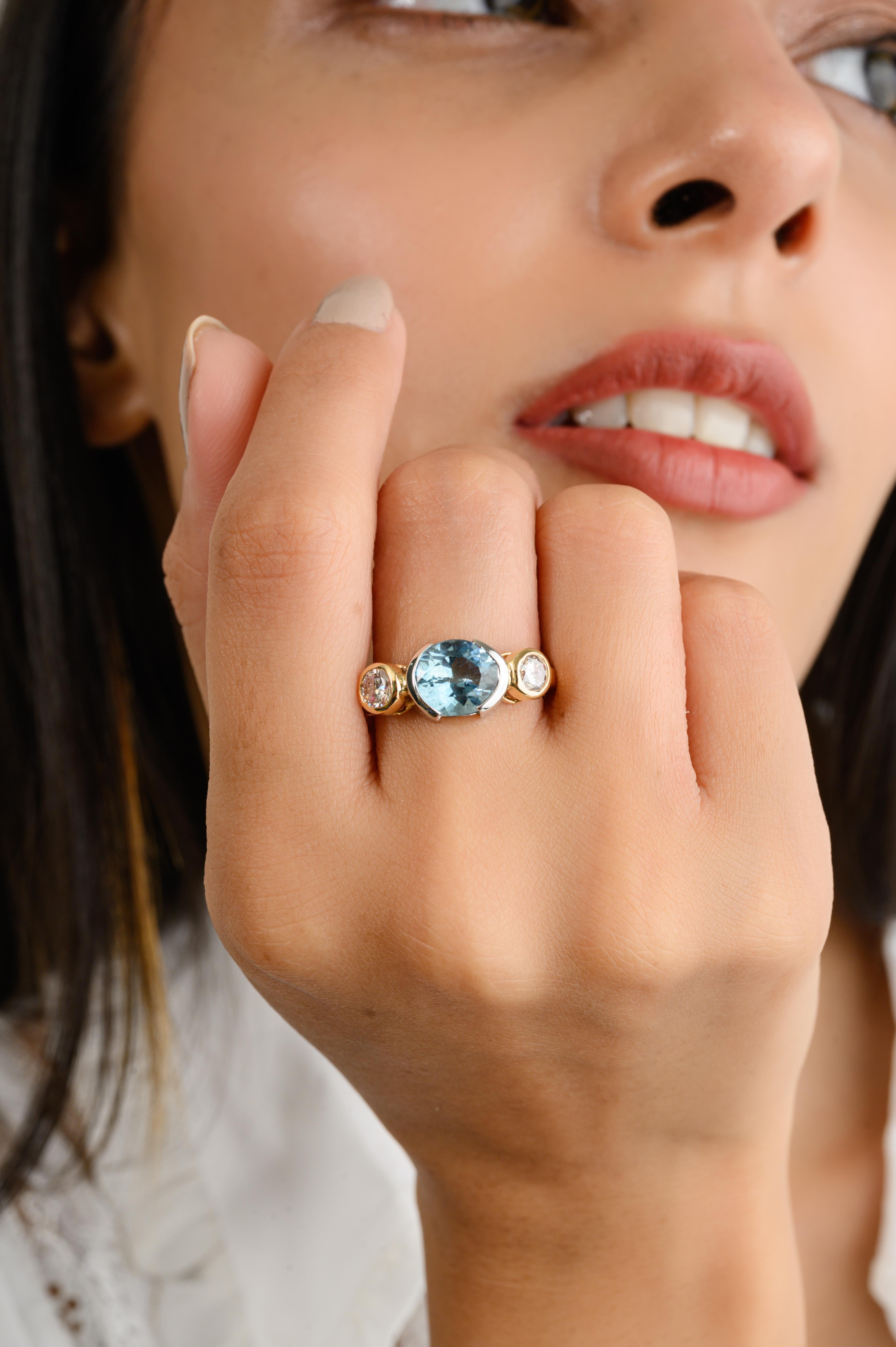For Sale:  2.02 Carat Aquamarine Diamond Three Stone Wedding Ring in 18k Two Tone Gold 2