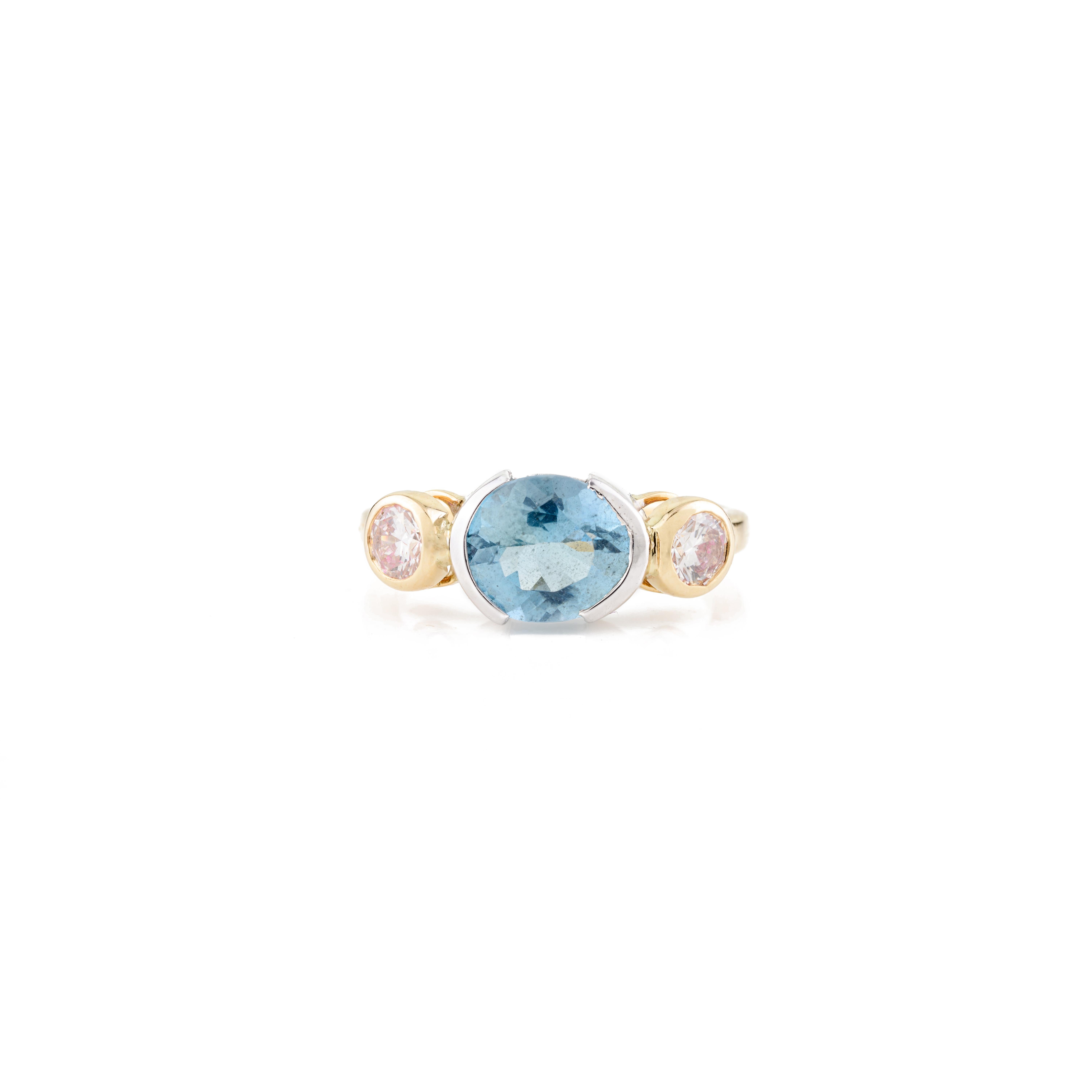For Sale:  2.02 Carat Aquamarine Diamond Three Stone Wedding Ring in 18k Two Tone Gold 3