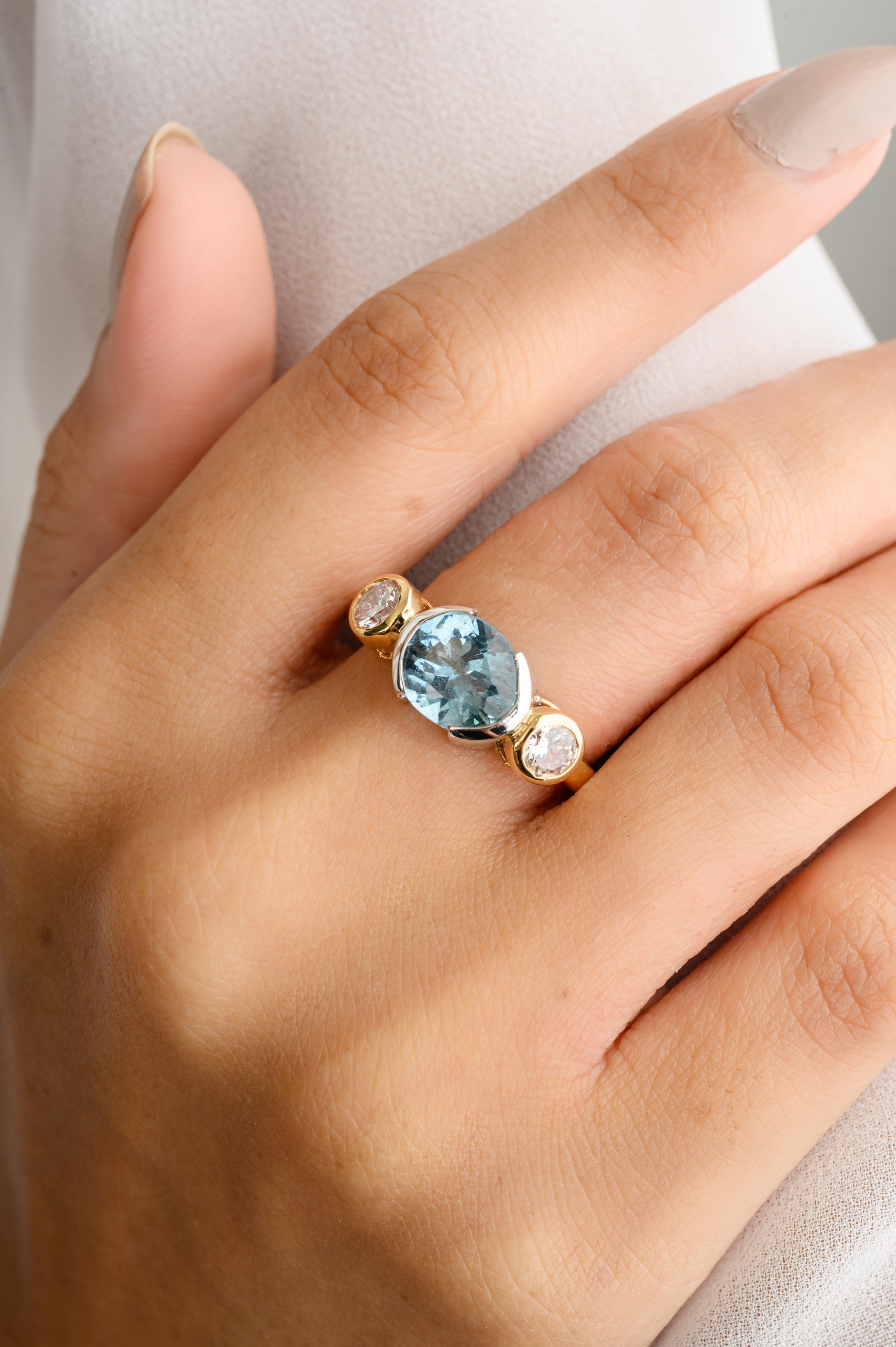 For Sale:  2.02 Carat Aquamarine Diamond Three Stone Wedding Ring in 18k Two Tone Gold 4