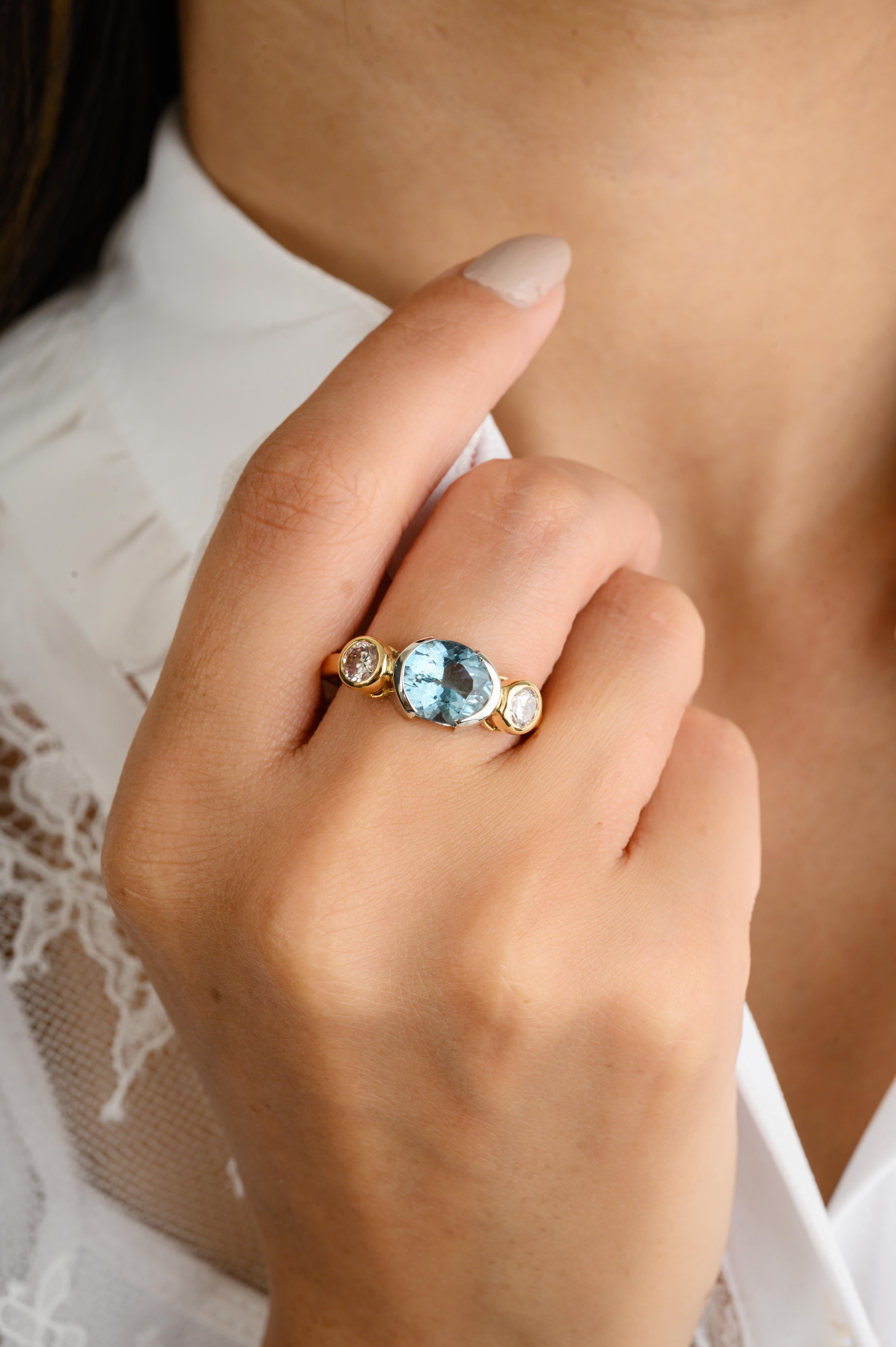 For Sale:  2.02 Carat Aquamarine Diamond Three Stone Wedding Ring in 18k Two Tone Gold 6