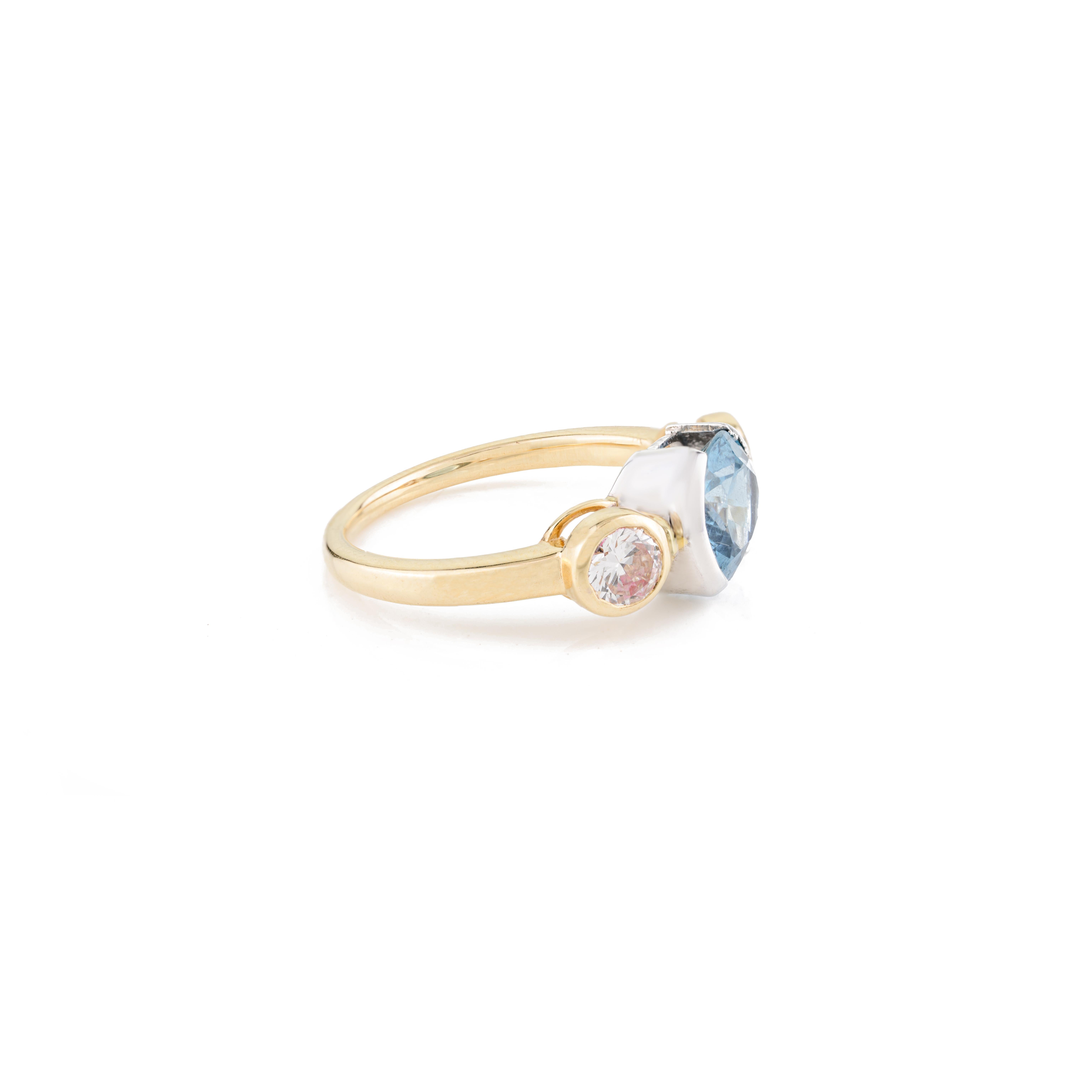 For Sale:  2.02 Carat Aquamarine Diamond Three Stone Wedding Ring in 18k Two Tone Gold 7
