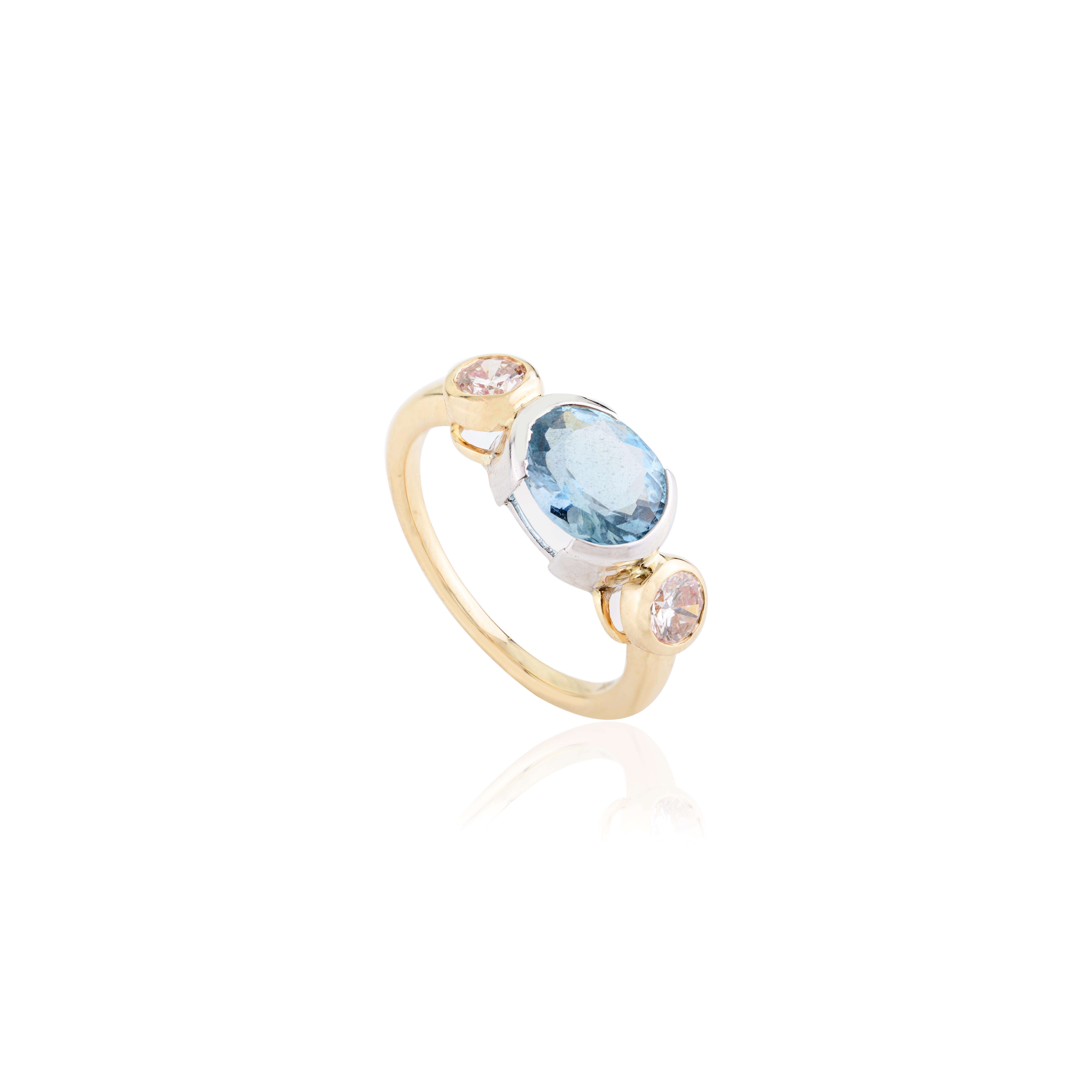 For Sale:  2.02 Carat Aquamarine Diamond Three Stone Wedding Ring in 18k Two Tone Gold 8