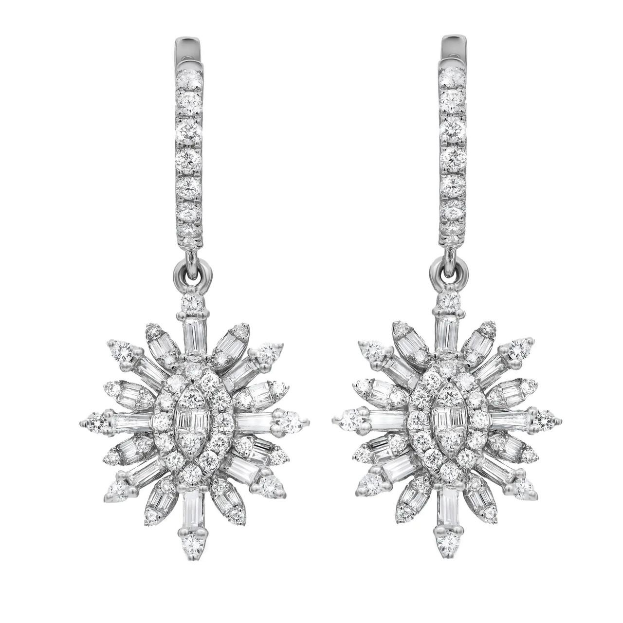 Round Cut  2.02 Carat Baguette and Round Diamond Drop Earrings 18K White Gold  For Sale