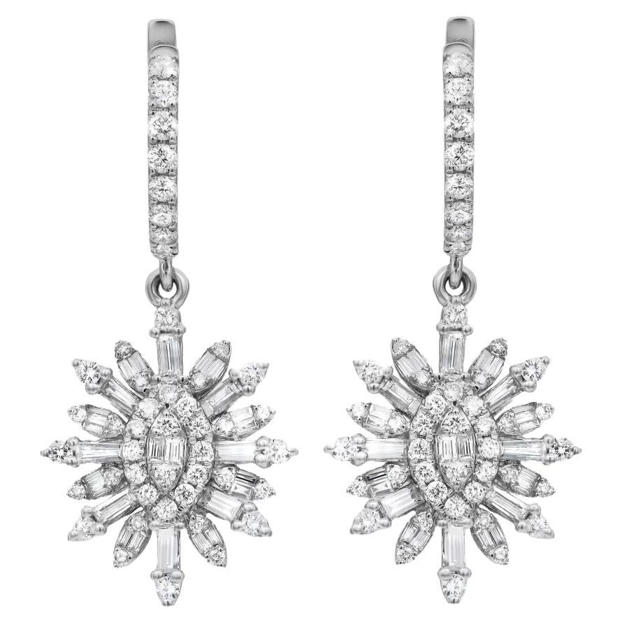  2.02 Carat Baguette and Round Diamond Drop Earrings 18K White Gold  For Sale