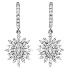  2.02 Carat Baguette and Round Diamond Drop Earrings 18K White Gold 