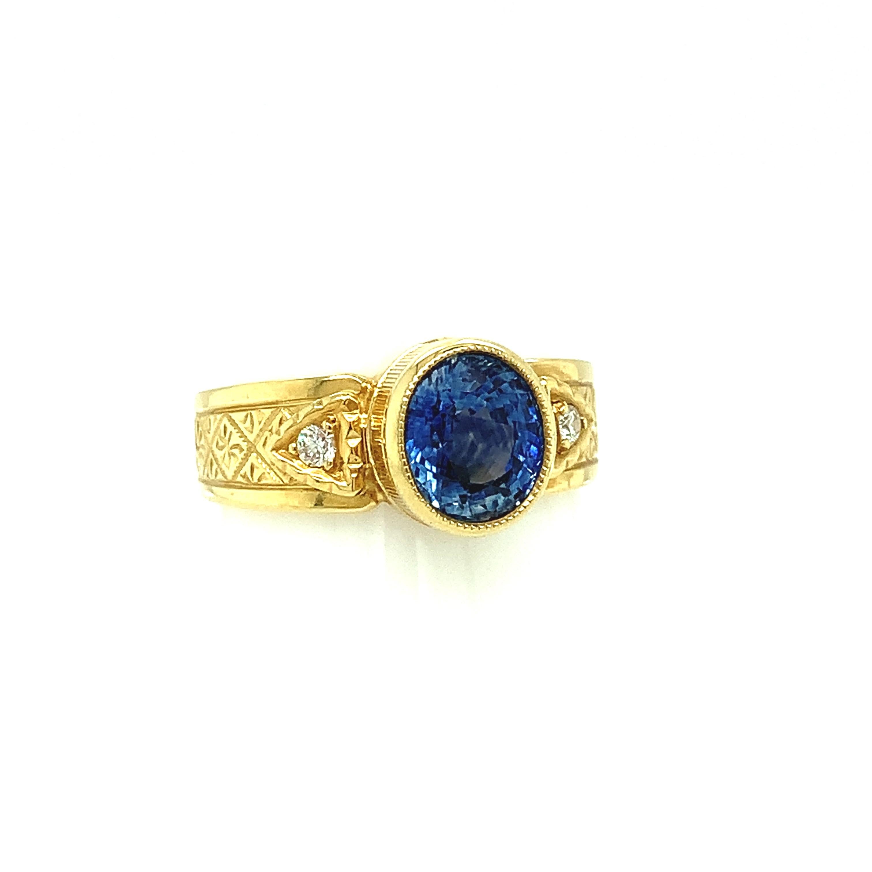 Artisan 2.02 Carat Blue Sapphire, Diamond Yellow Gold Engraved Bezel Signet Band Ring