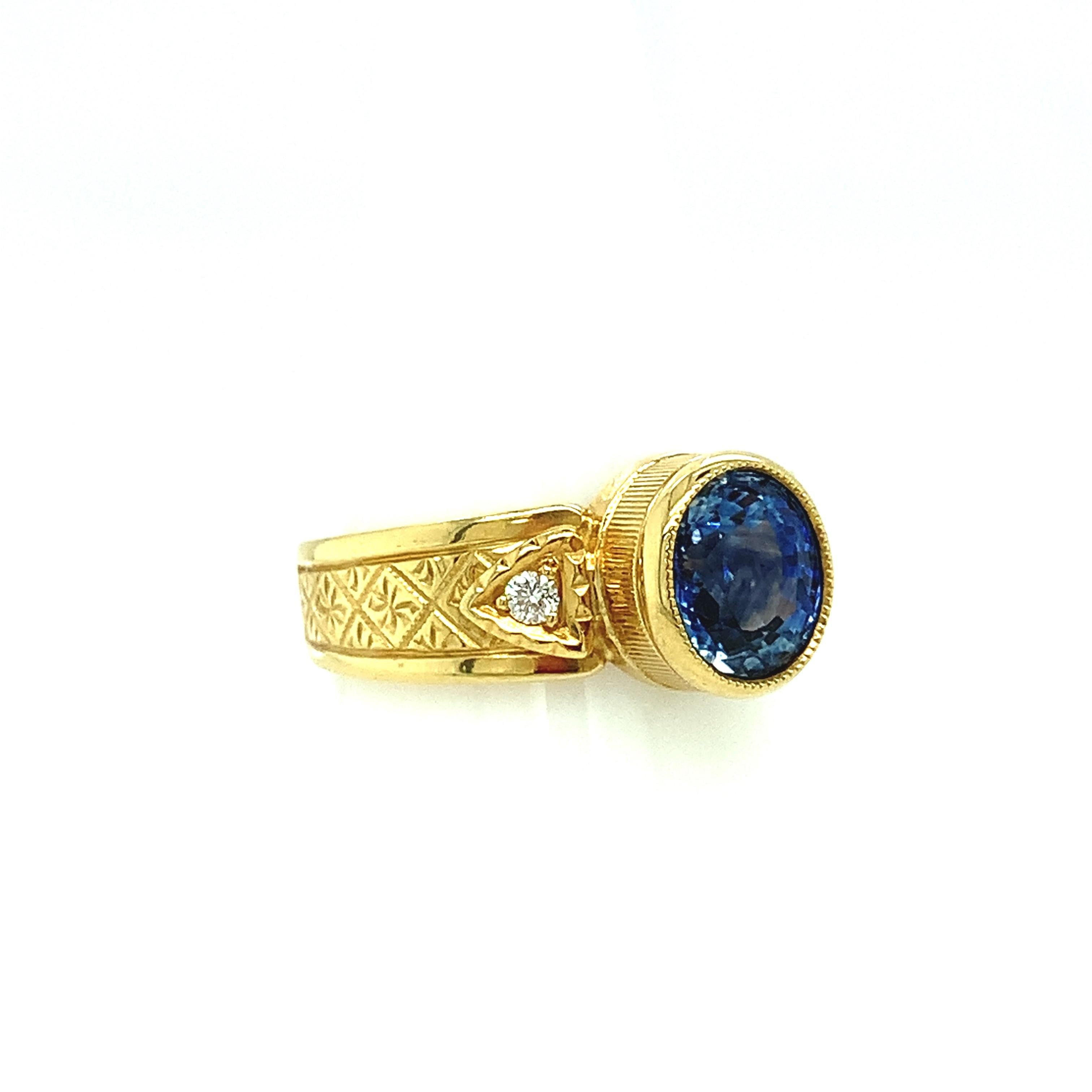 Oval Cut 2.02 Carat Blue Sapphire, Diamond Yellow Gold Engraved Bezel Signet Band Ring