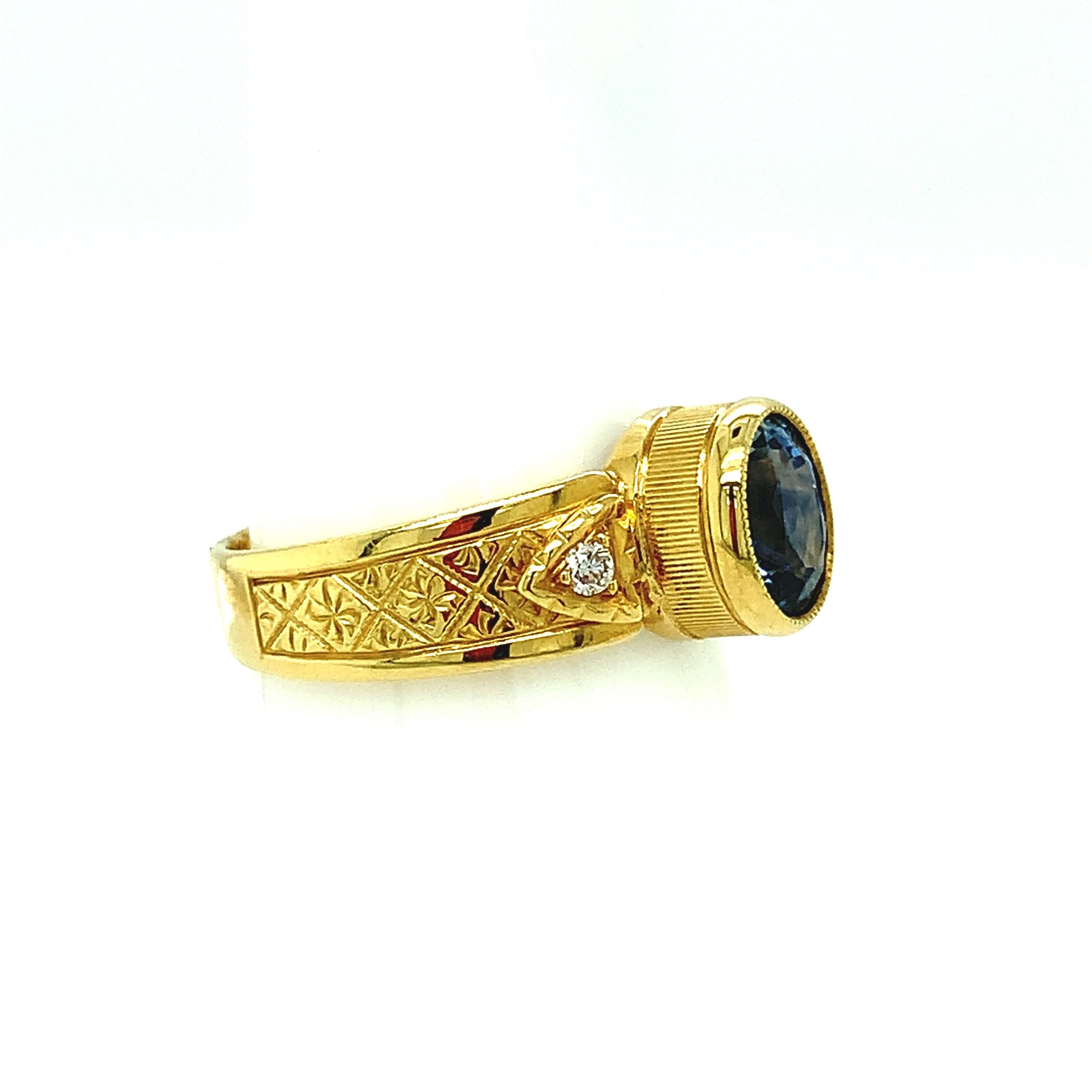 2.02 Carat Blue Sapphire, Diamond Yellow Gold Engraved Bezel Signet Band Ring In New Condition In Los Angeles, CA