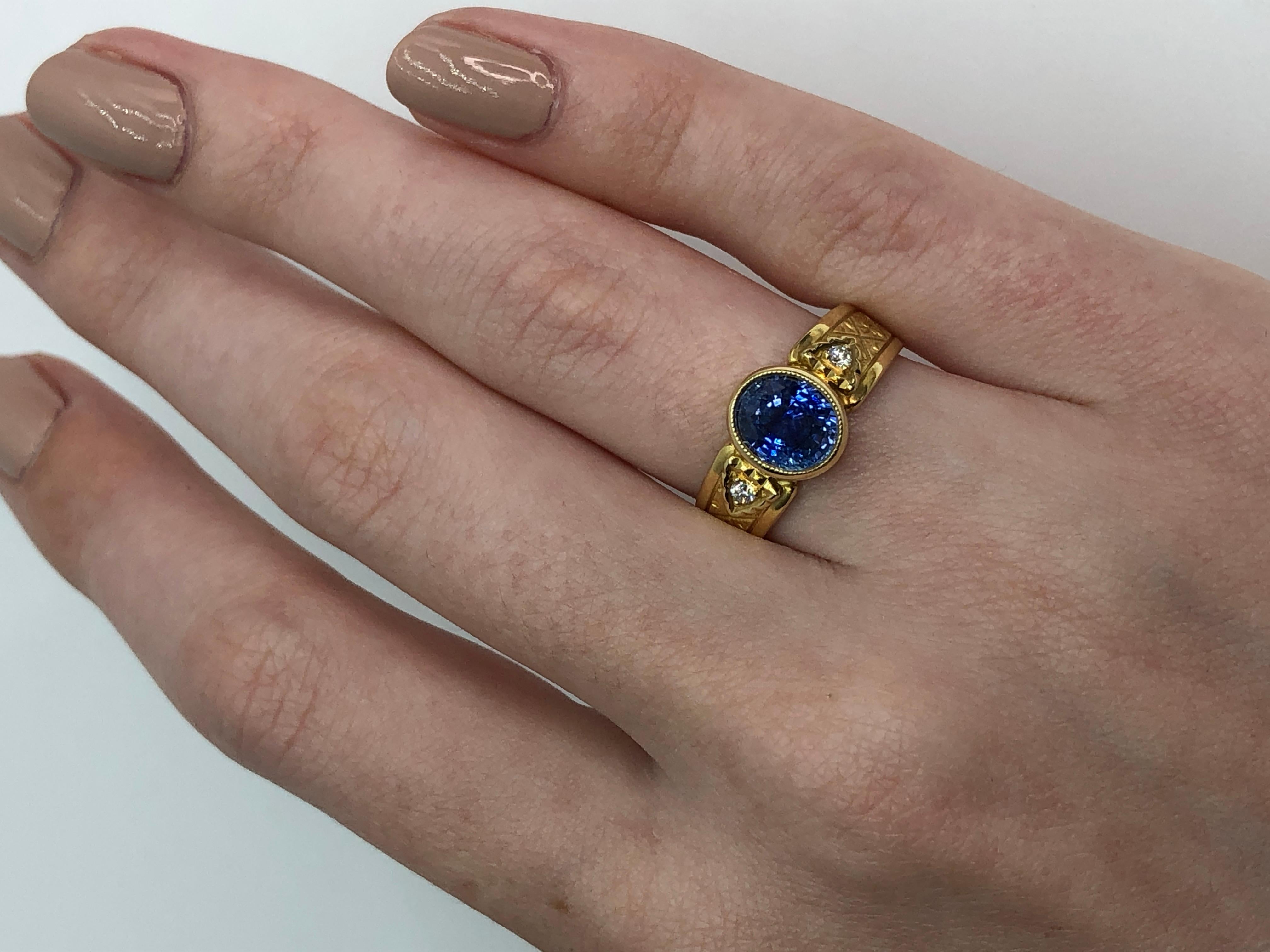 2.02 Carat Blue Sapphire, Diamond Yellow Gold Engraved Bezel Signet Band Ring 1