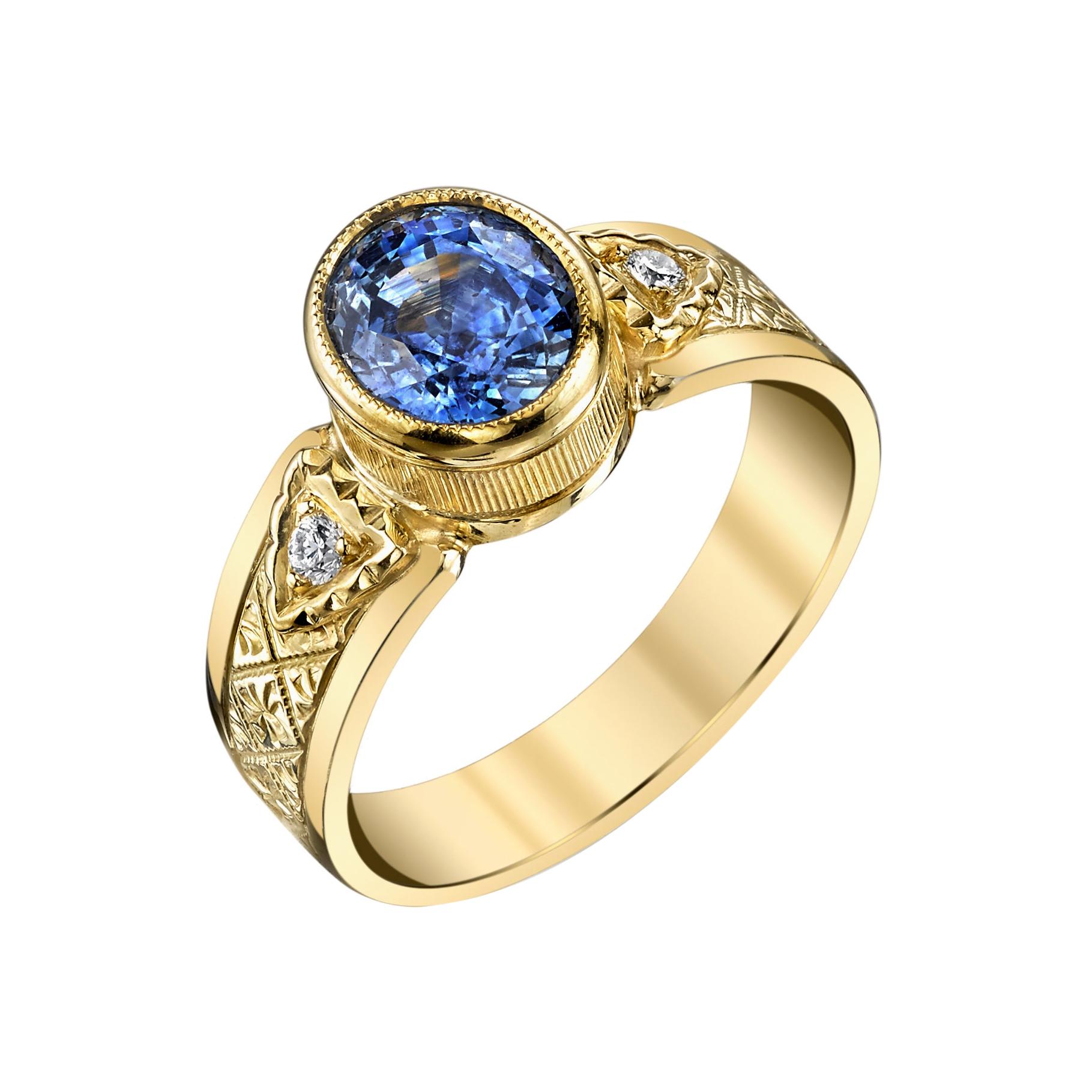 2.02 Carat Blue Sapphire, Diamond Yellow Gold Engraved Bezel Signet Band Ring