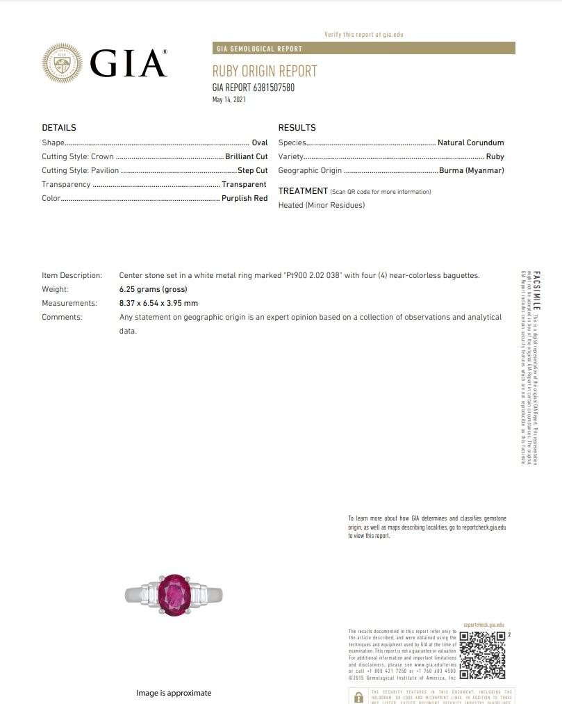 2.02 Carat Burmese Ruby Diamond Platinum Ring, GIA Certified For Sale 1