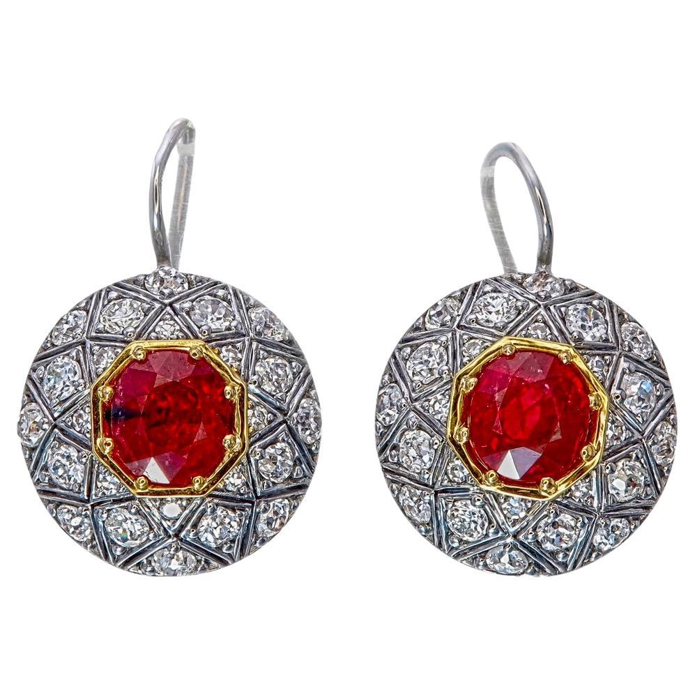 2.02 Carat Burmese Ruby No Heat Pigeon Blood and Diamond Earrings in 18k Gold