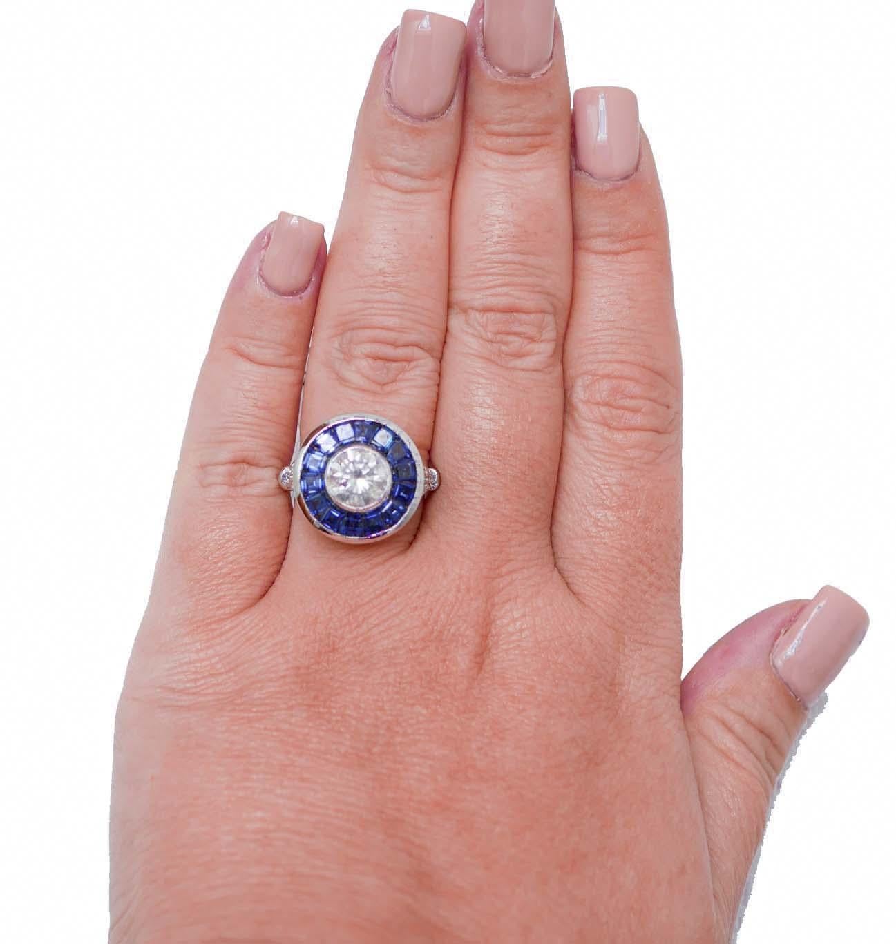 Mixed Cut 2.02 Carat Central  Diamond, Sapphires, Diamonds, 14 Karat White Gold Ring.