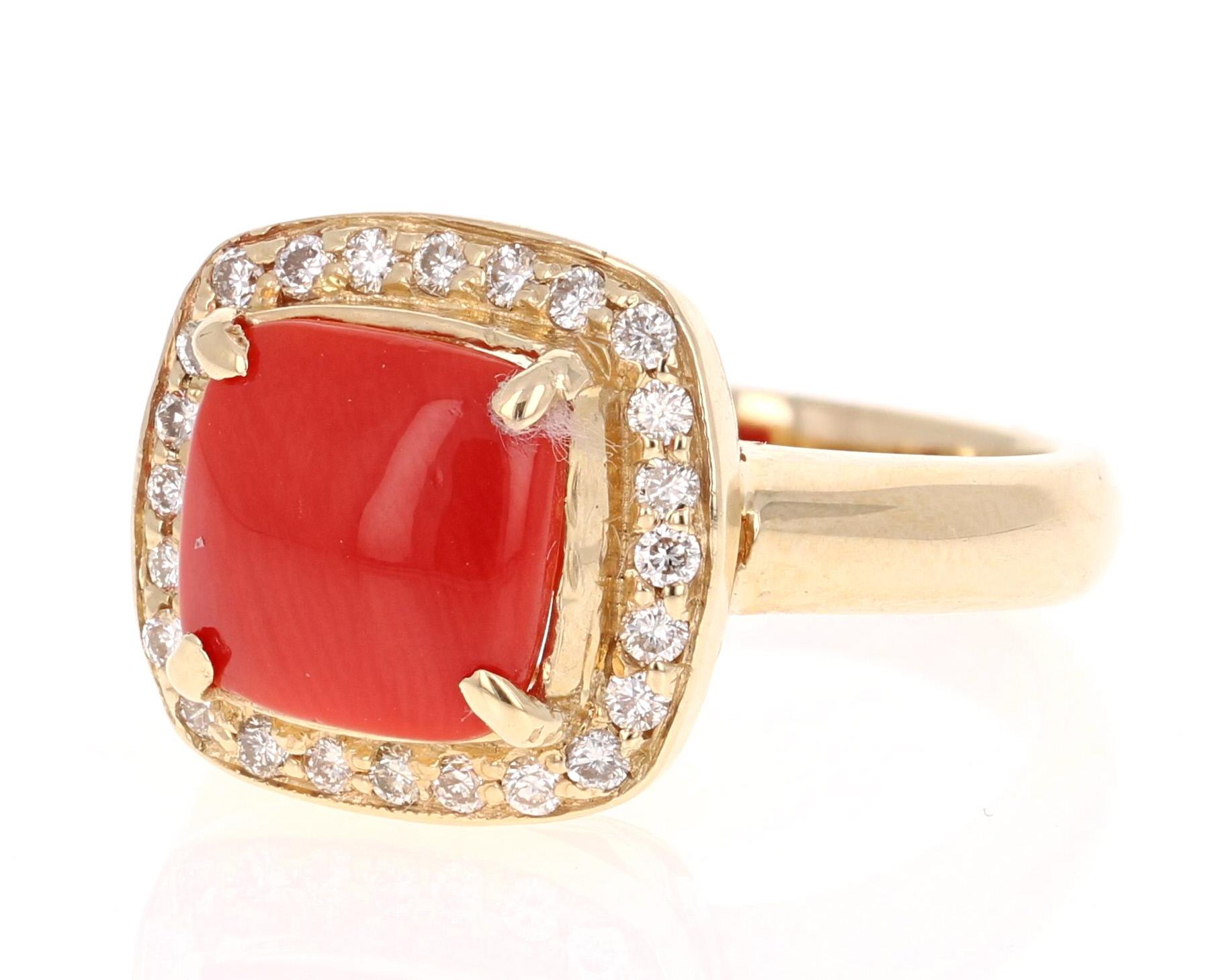 Modern Coral Diamond Yellow Gold Halo Ring For Sale