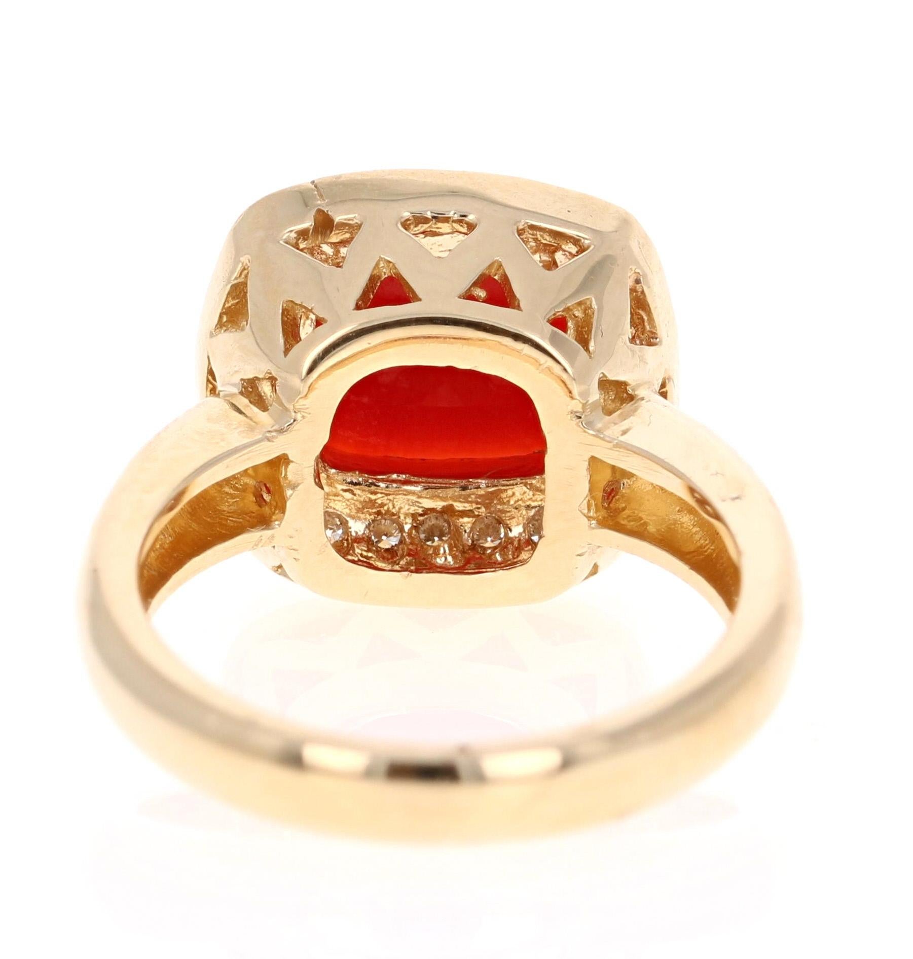 Cushion Cut Coral Diamond Yellow Gold Halo Ring For Sale
