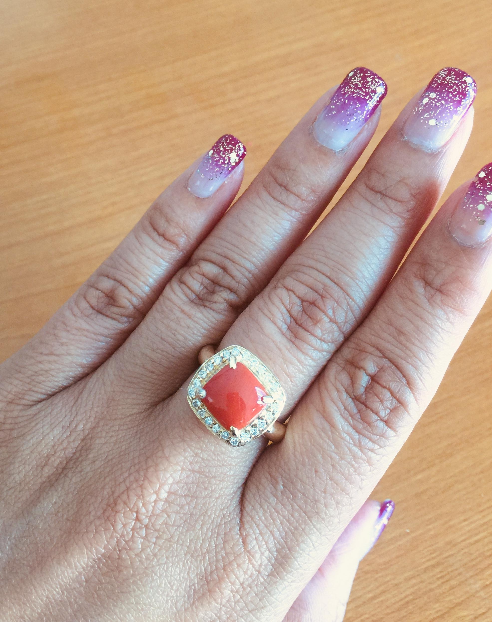 Coral Diamond Yellow Gold Halo Ring In New Condition For Sale In Los Angeles, CA