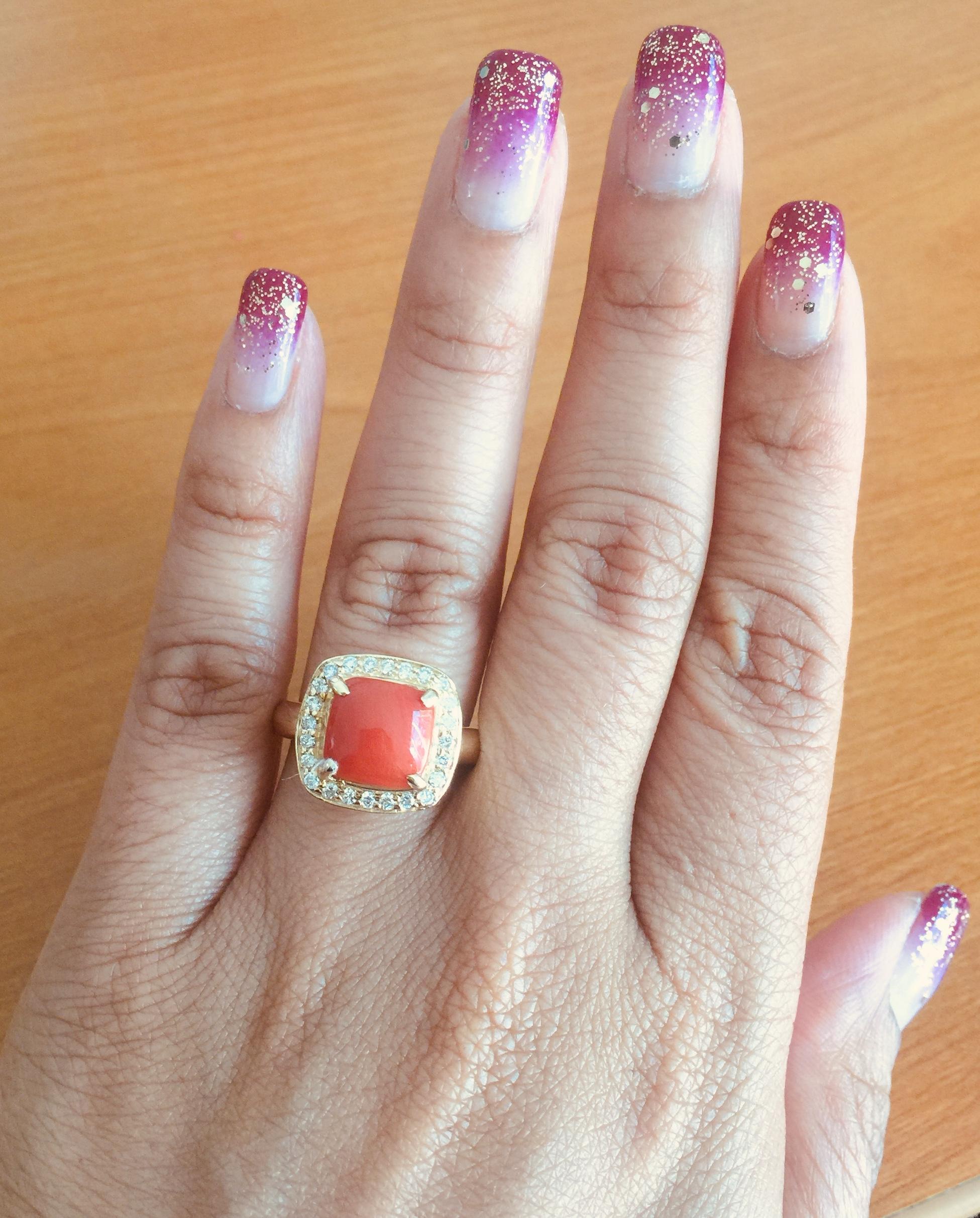 Coral Diamond Yellow Gold Halo Ring For Sale 1