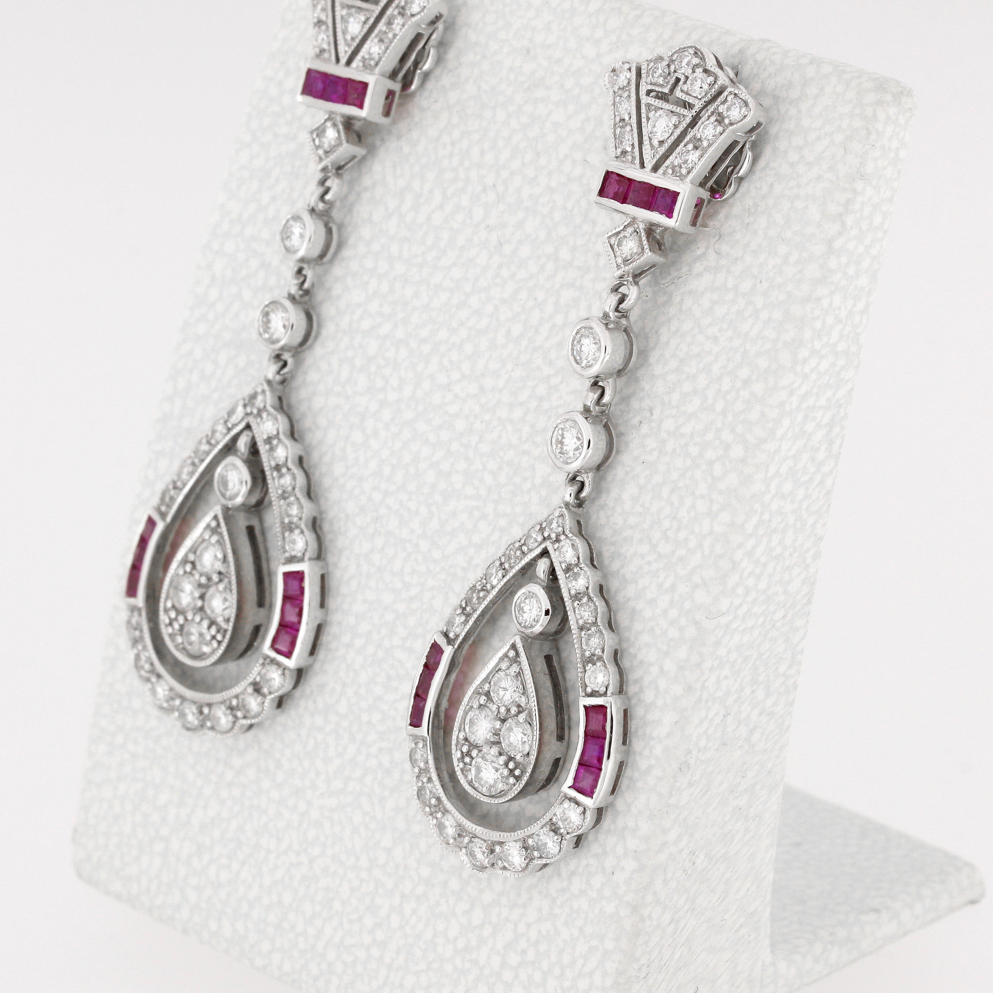 2.02 Carat Diamond Drop Earrings With Rubies
18 Baguette Rubies
72 Brilliant Diamonds