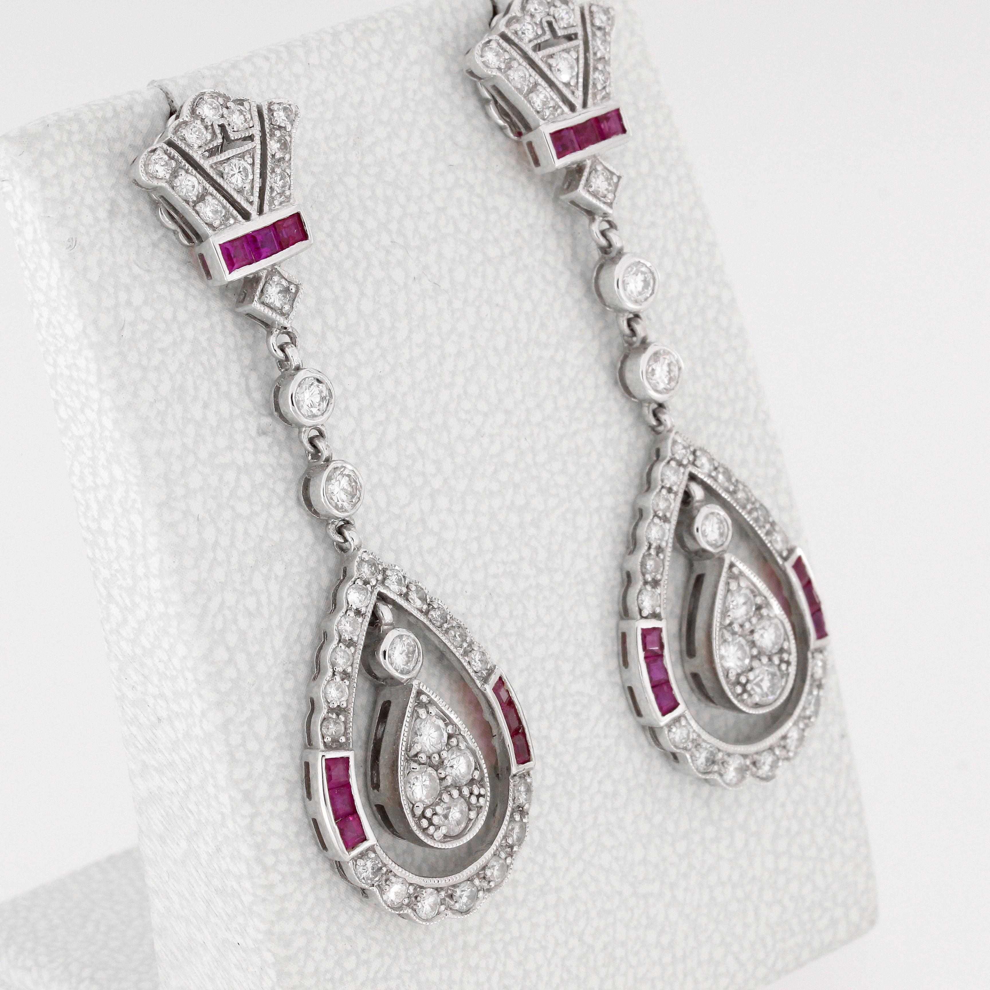 Contemporary 2.02 Carat Diamond Drop Earrings with Rubies For Sale