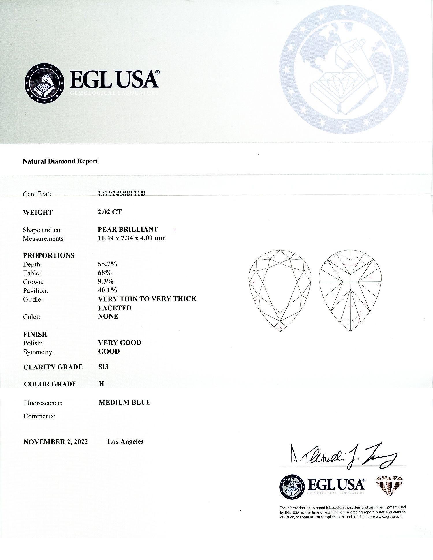 Anello con diamante a forma di pera da 2,02 carati In condizioni Nuovo in vendita a Calabasas, CA